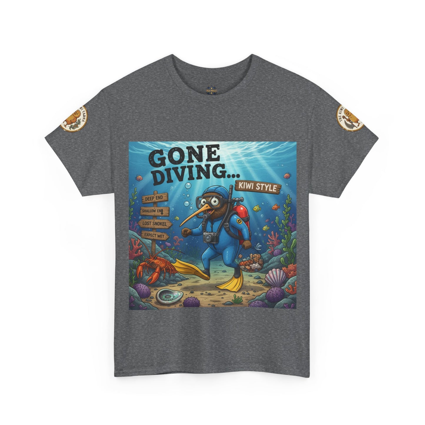 Kids' gray graphic T-shirt with diver front print and circular sleeve patches.