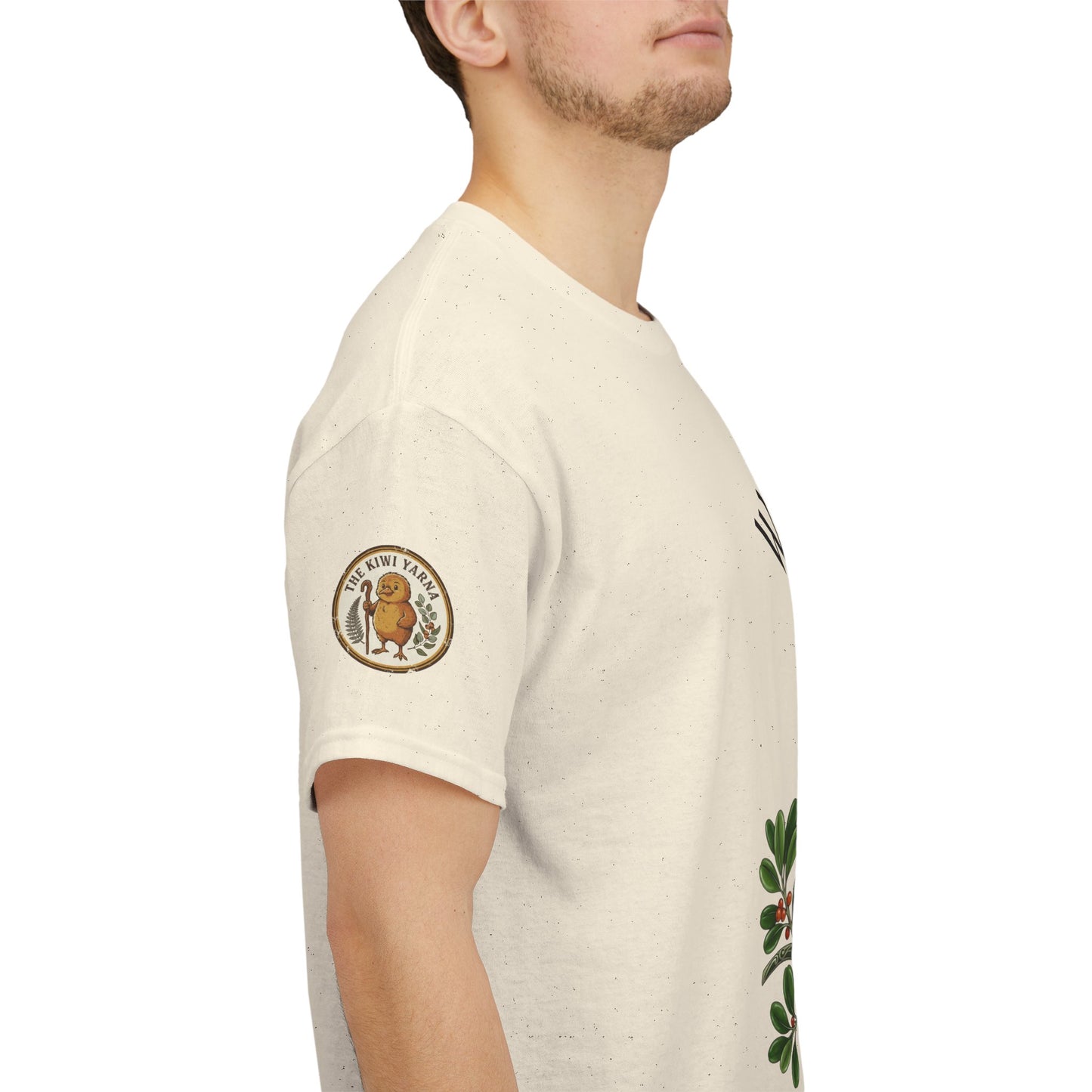 Beige graphic T-shirt with sleeve emblem and partial bird-and-leaves front print