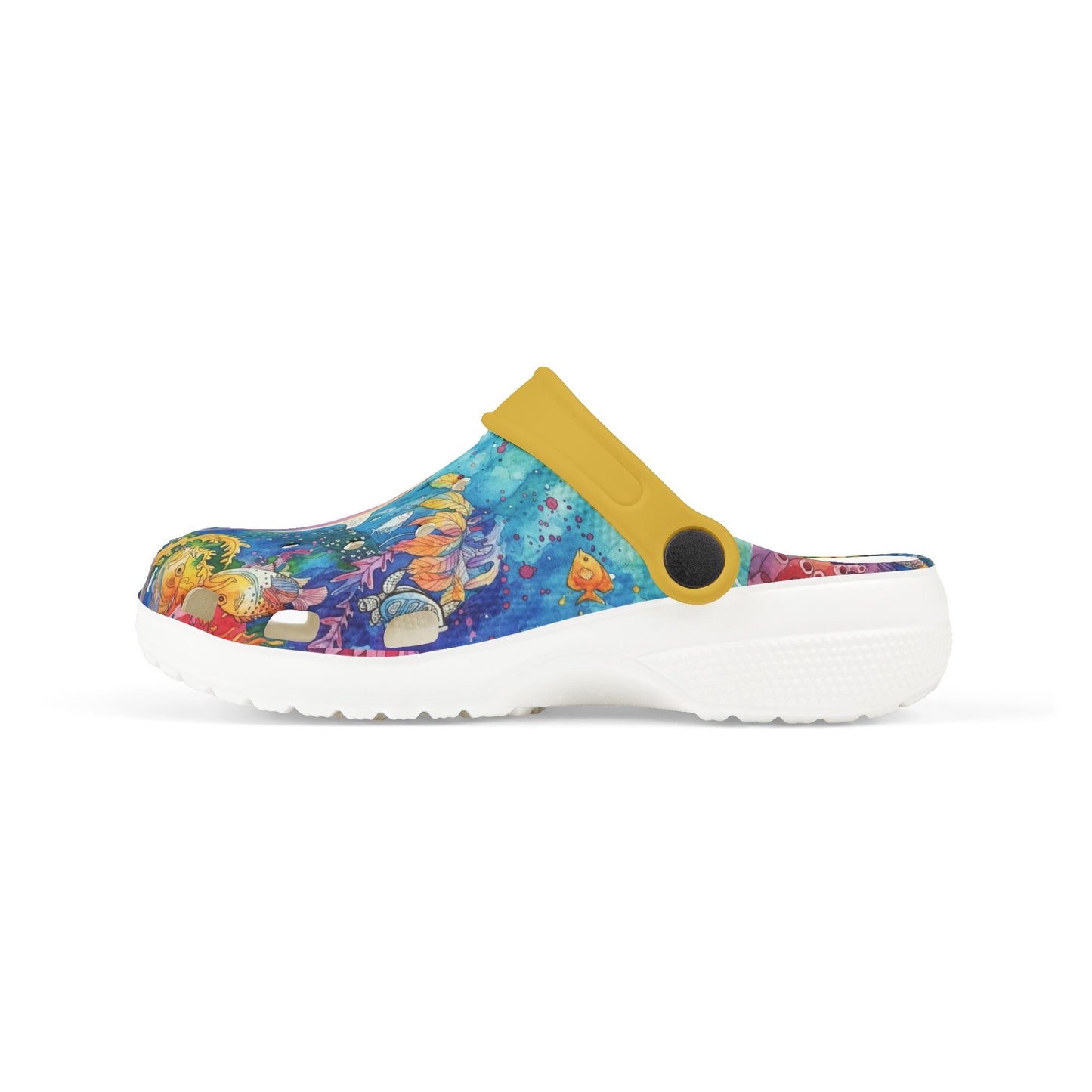 Kids slip-on clogs with colorful underwater reef print, side profile, white outsole, yellow strap.