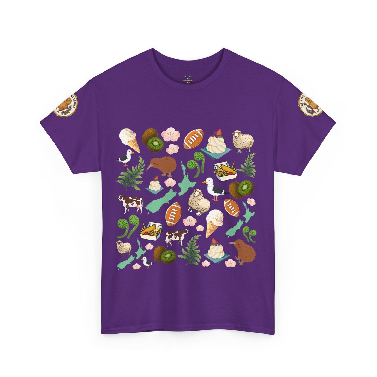 Purple short-sleeve T-shirt with colorful Kiwiana animal and fruit graphic print