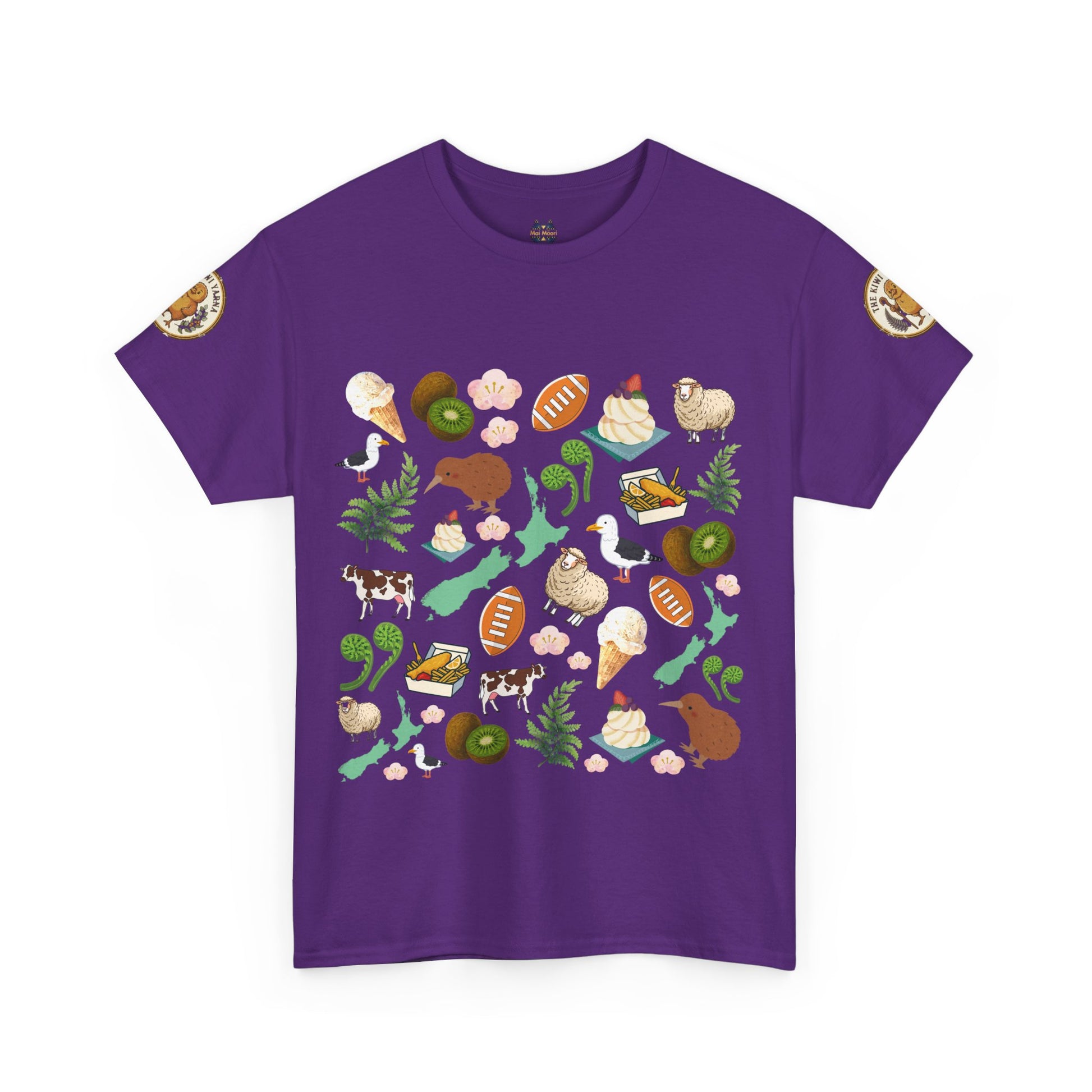 Purple short-sleeve T-shirt with colorful Kiwiana animal and fruit graphic print