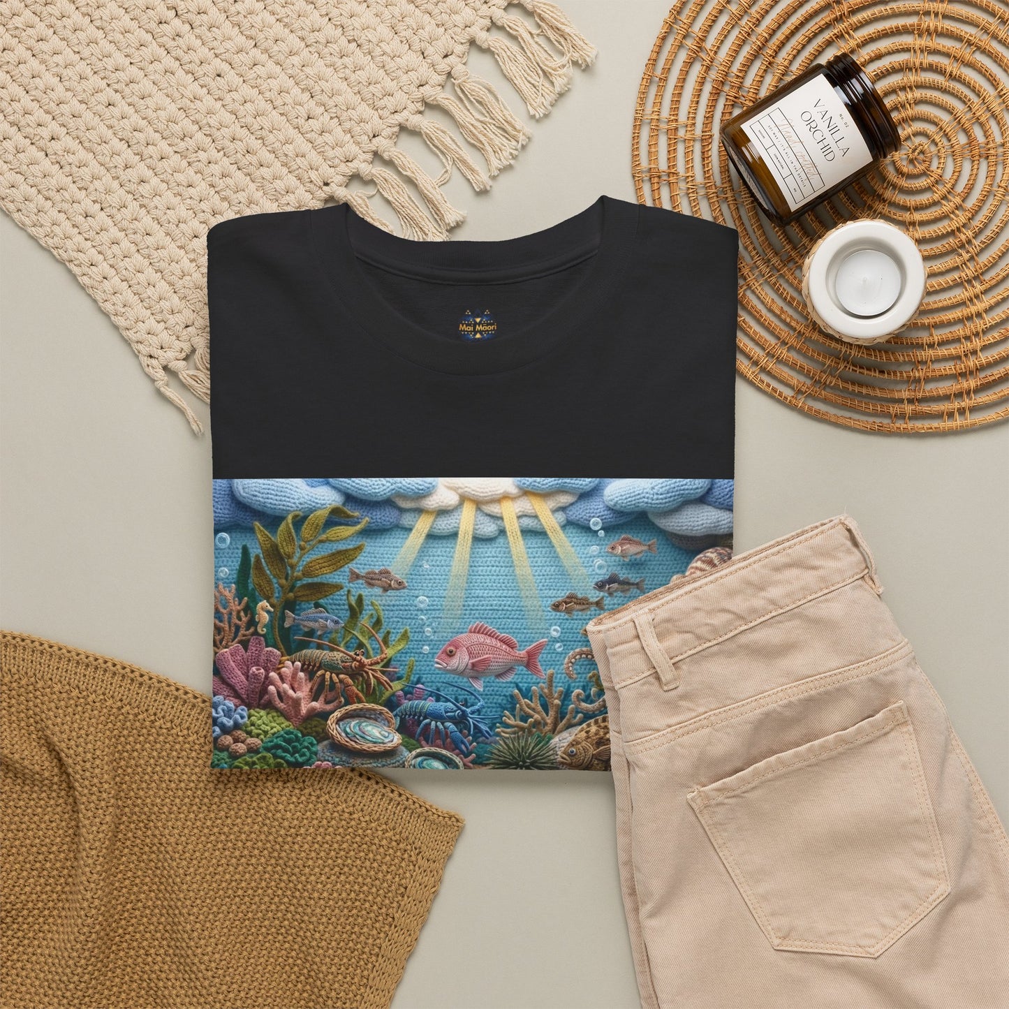 Black crew-neck T-shirt with undersea scene print across the chest.