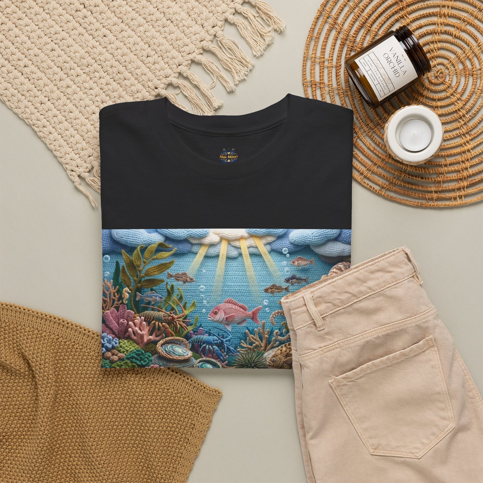 Black crew-neck T-shirt with undersea scene print across the chest.