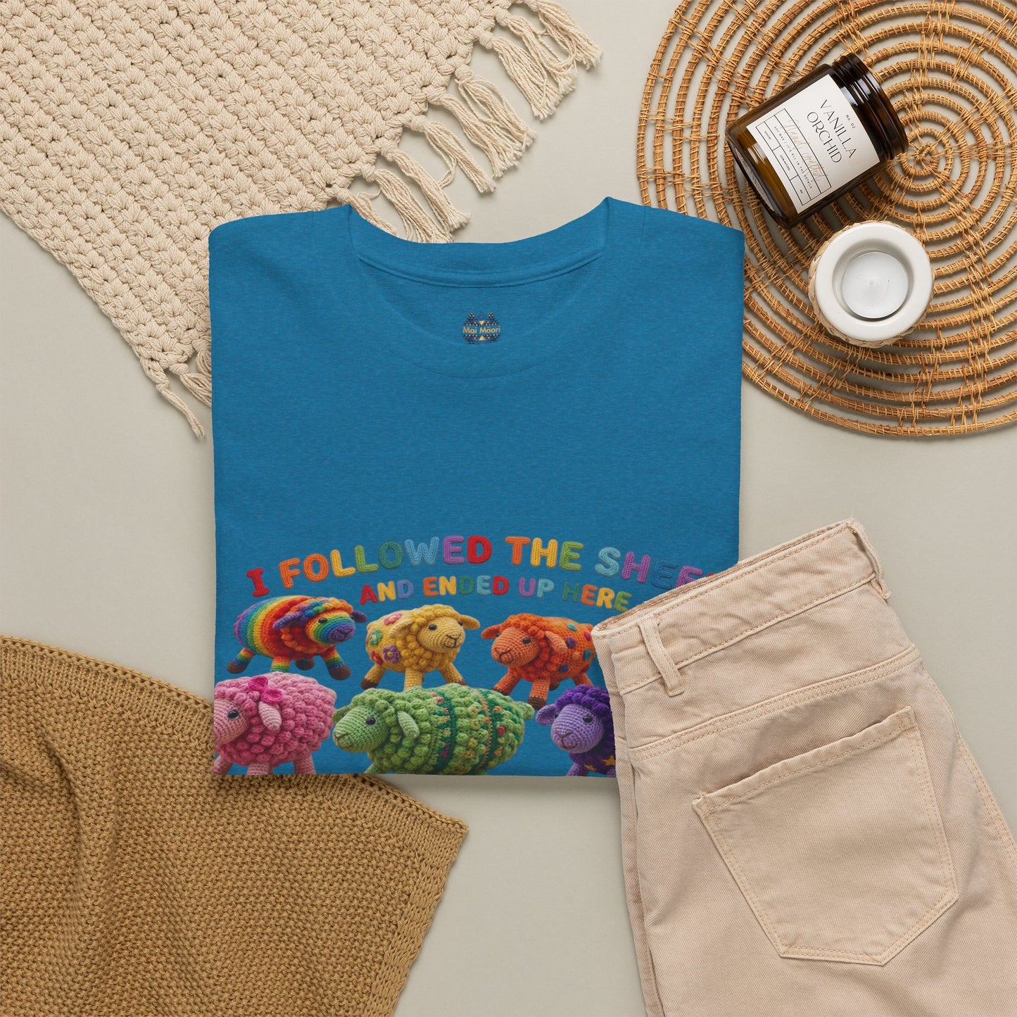 Teal crew-neck T-shirt with colorful sheep graphic and red text