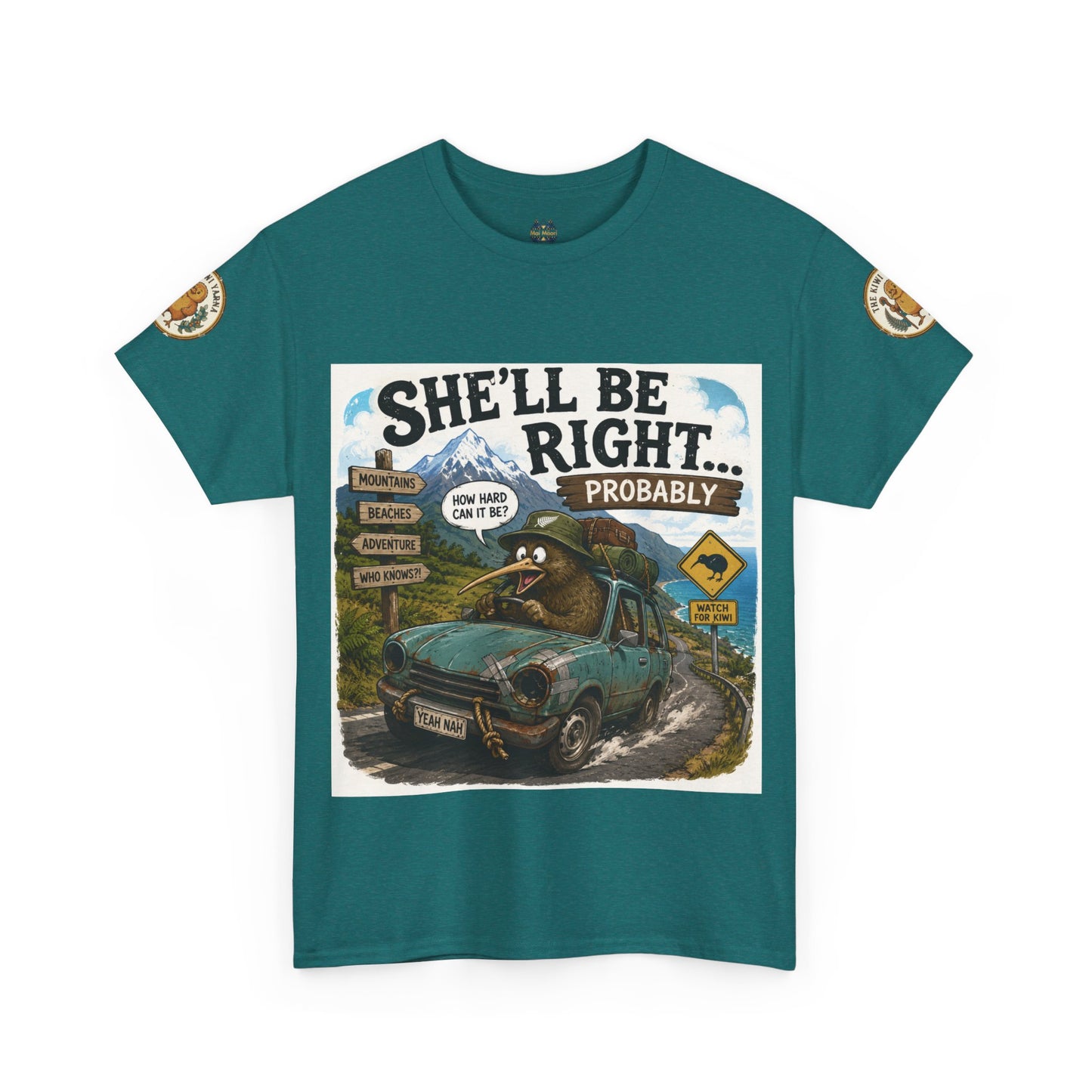 Teal graphic crewneck T-shirt with “She’ll Be Right.. Probably” front print and circular sleeve logos.