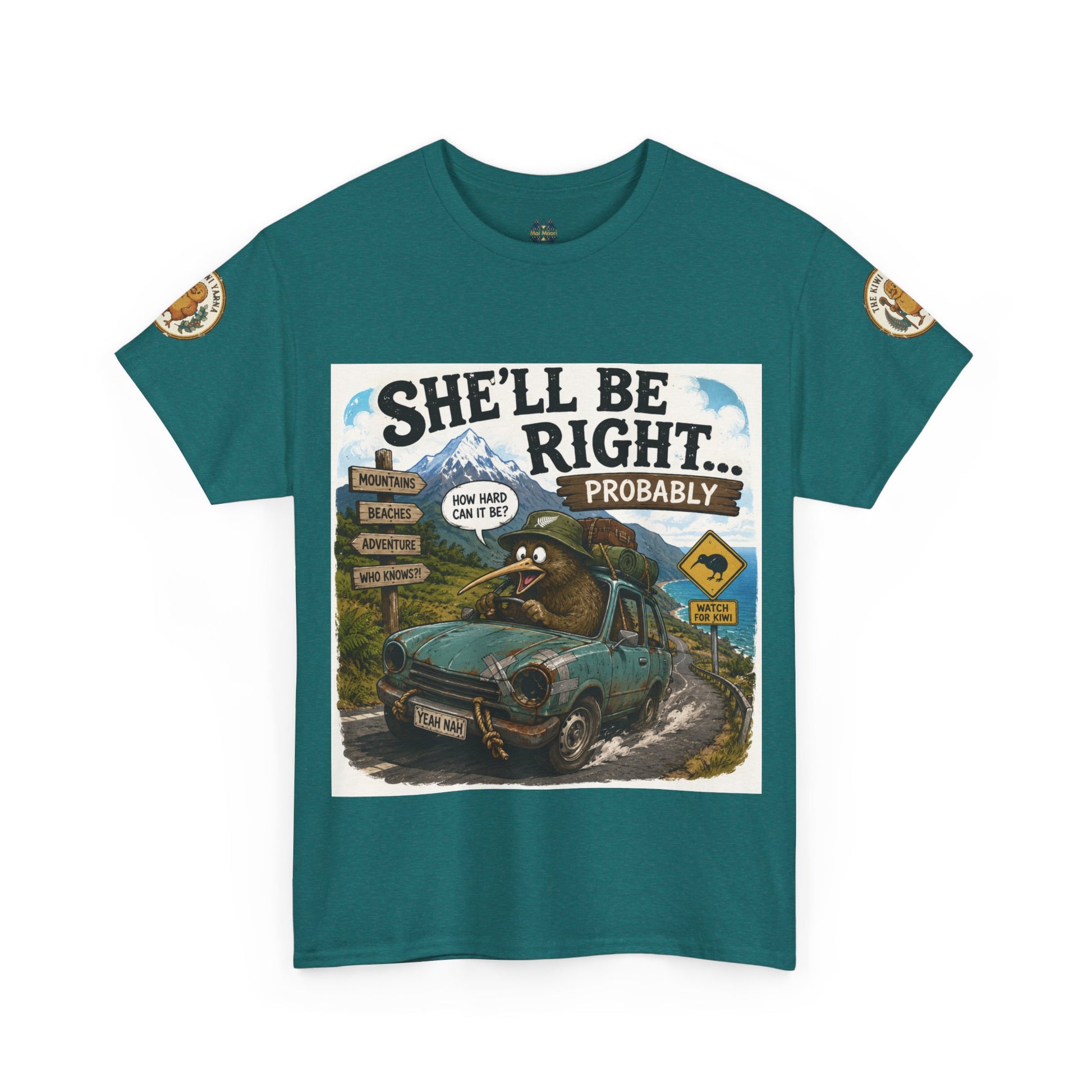 Teal graphic crewneck T-shirt with “She’ll Be Right.. Probably” front print and circular sleeve logos.