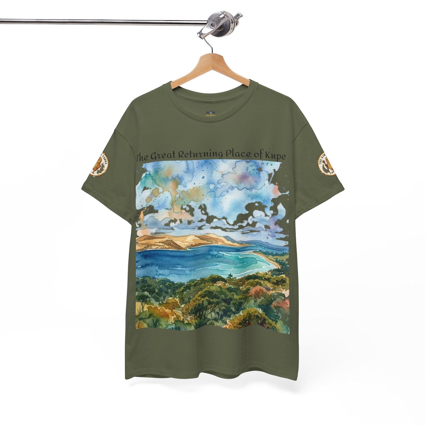 Olive green graphic T-shirt with blue ocean and landscape panel, short sleeves
