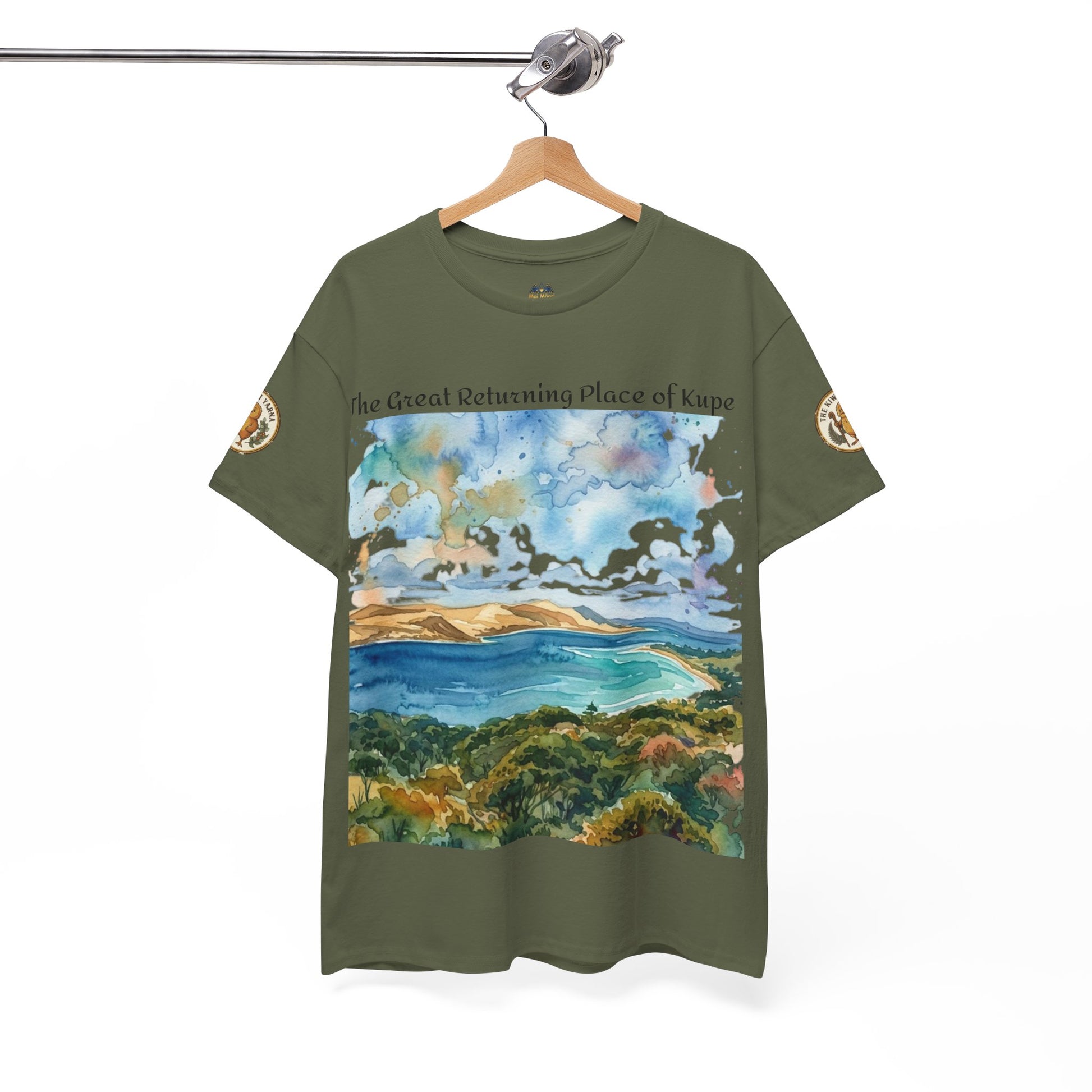 Olive green graphic T-shirt with blue ocean and landscape panel, short sleeves