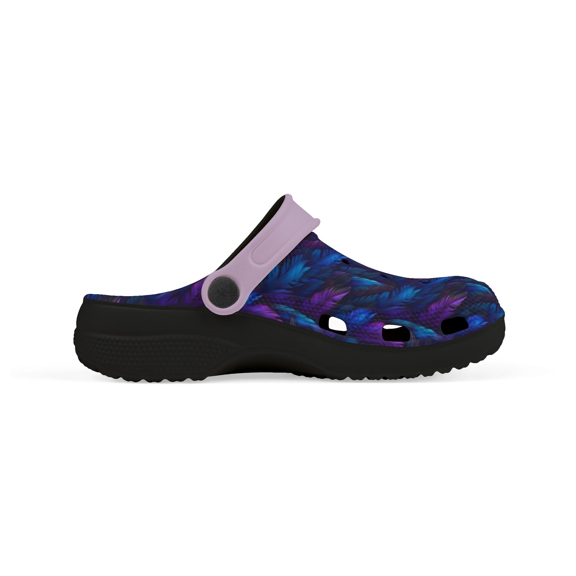 Slip-on clog with lavender upper and dark blue pattern, black outsole, side profile