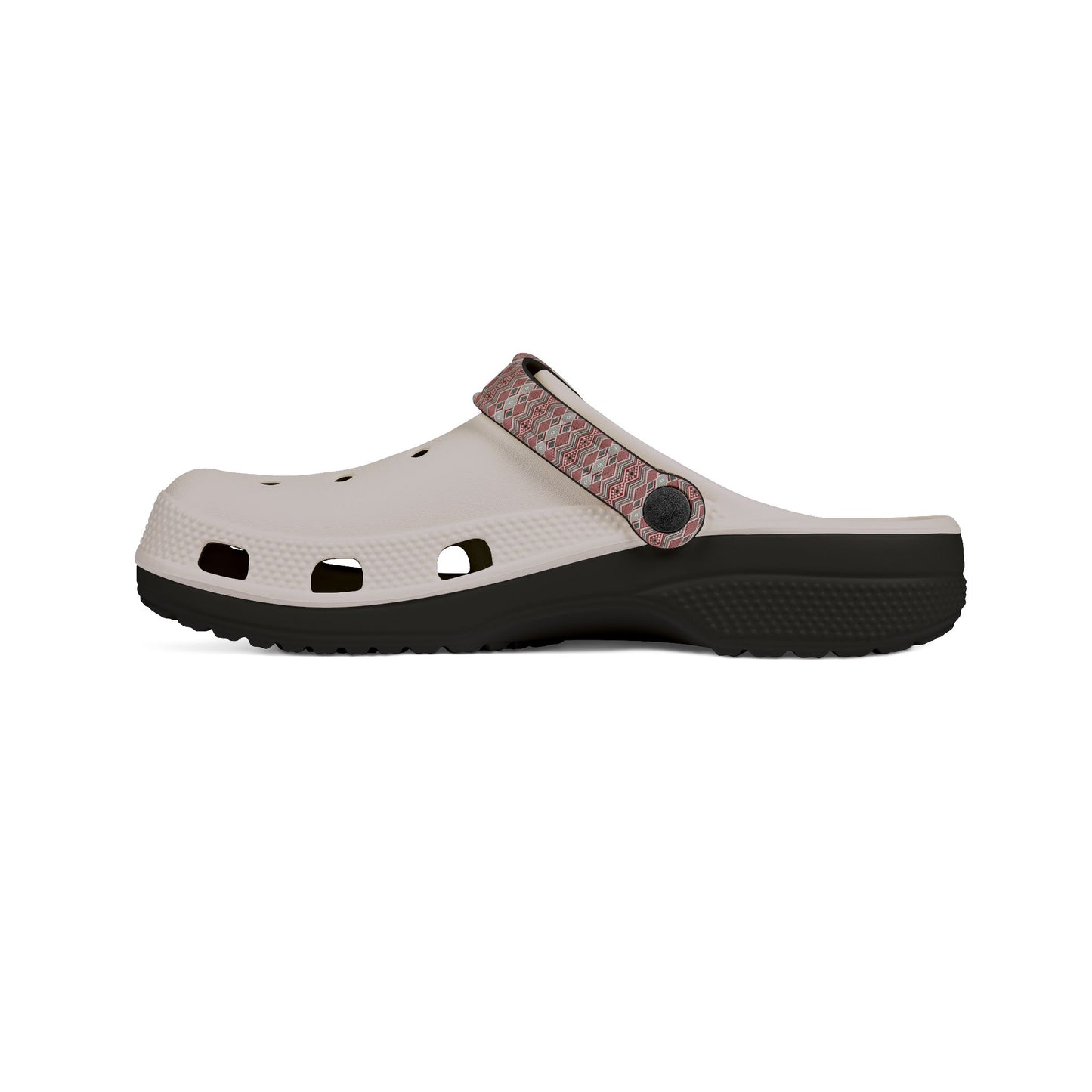 White slide clog with perforated toe, red patterned strap, and dark rubber outsole.