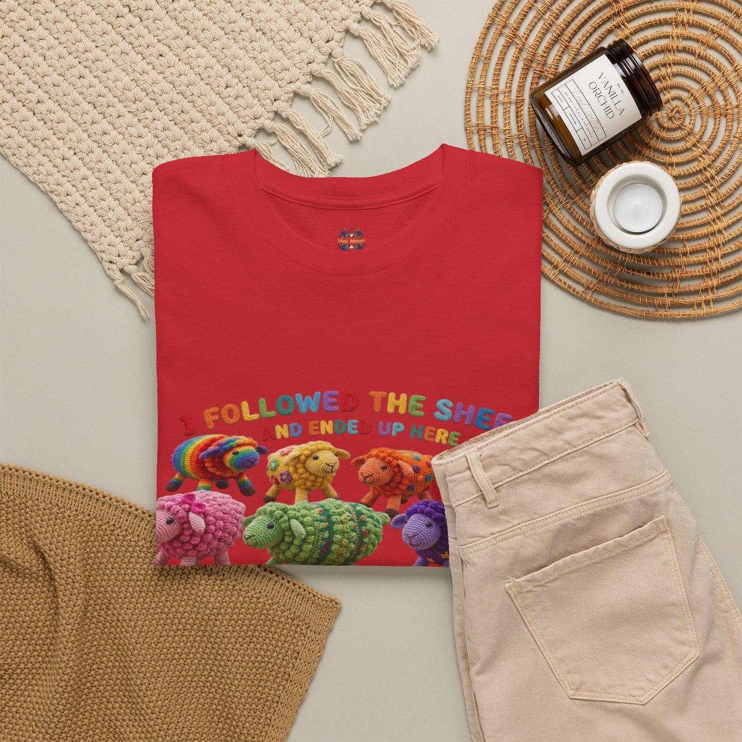 Red graphic crewneck t-shirt with colorful sheep illustration and rainbow text on front.