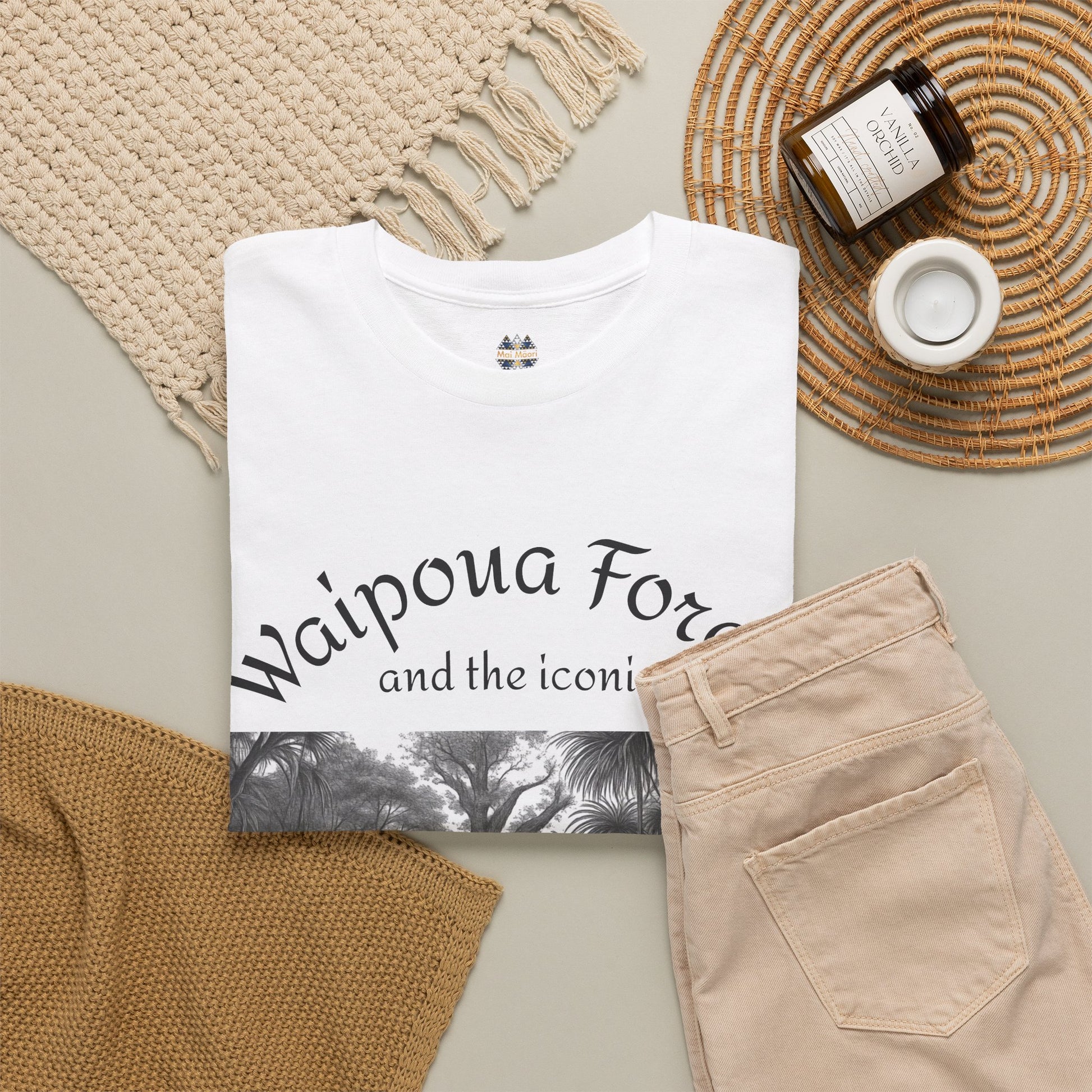 White graphic t-shirt with forest artwork panel and script text at the front