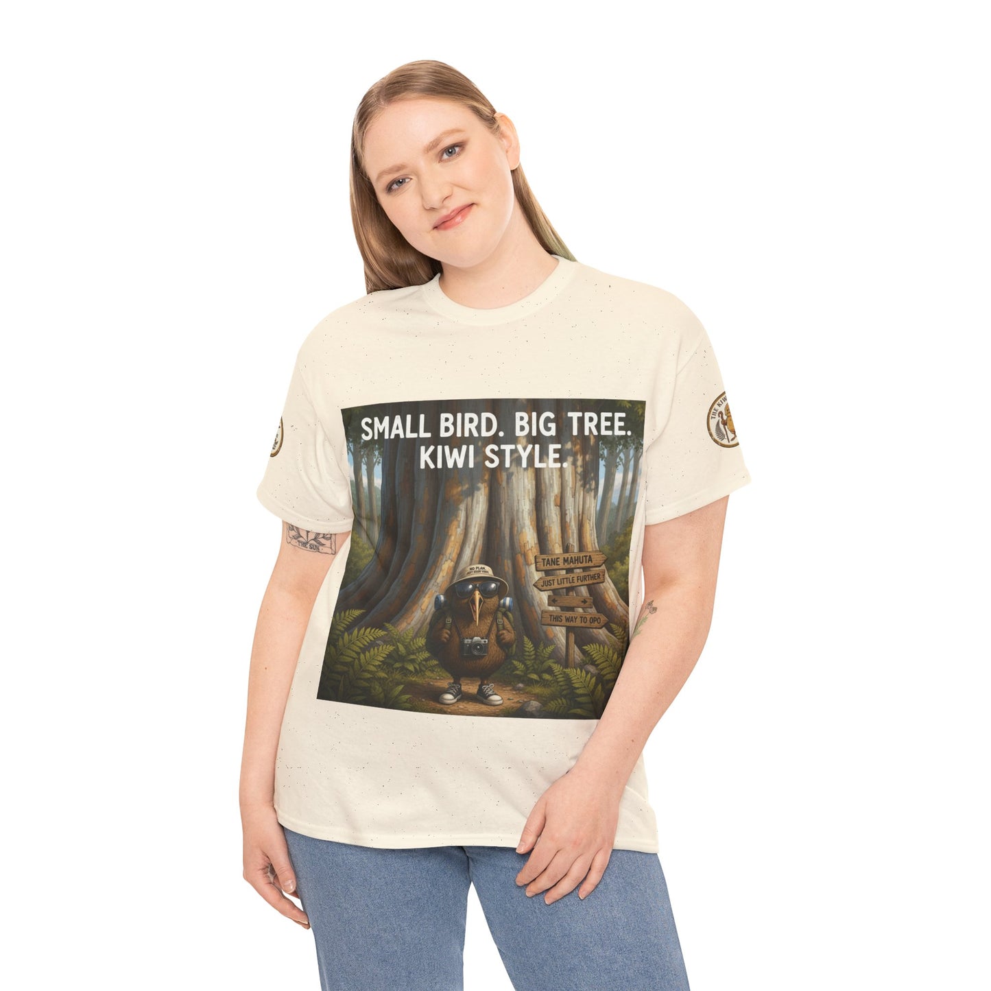 Ivory crewneck T-shirt with rectangular forest animal graphic on the front