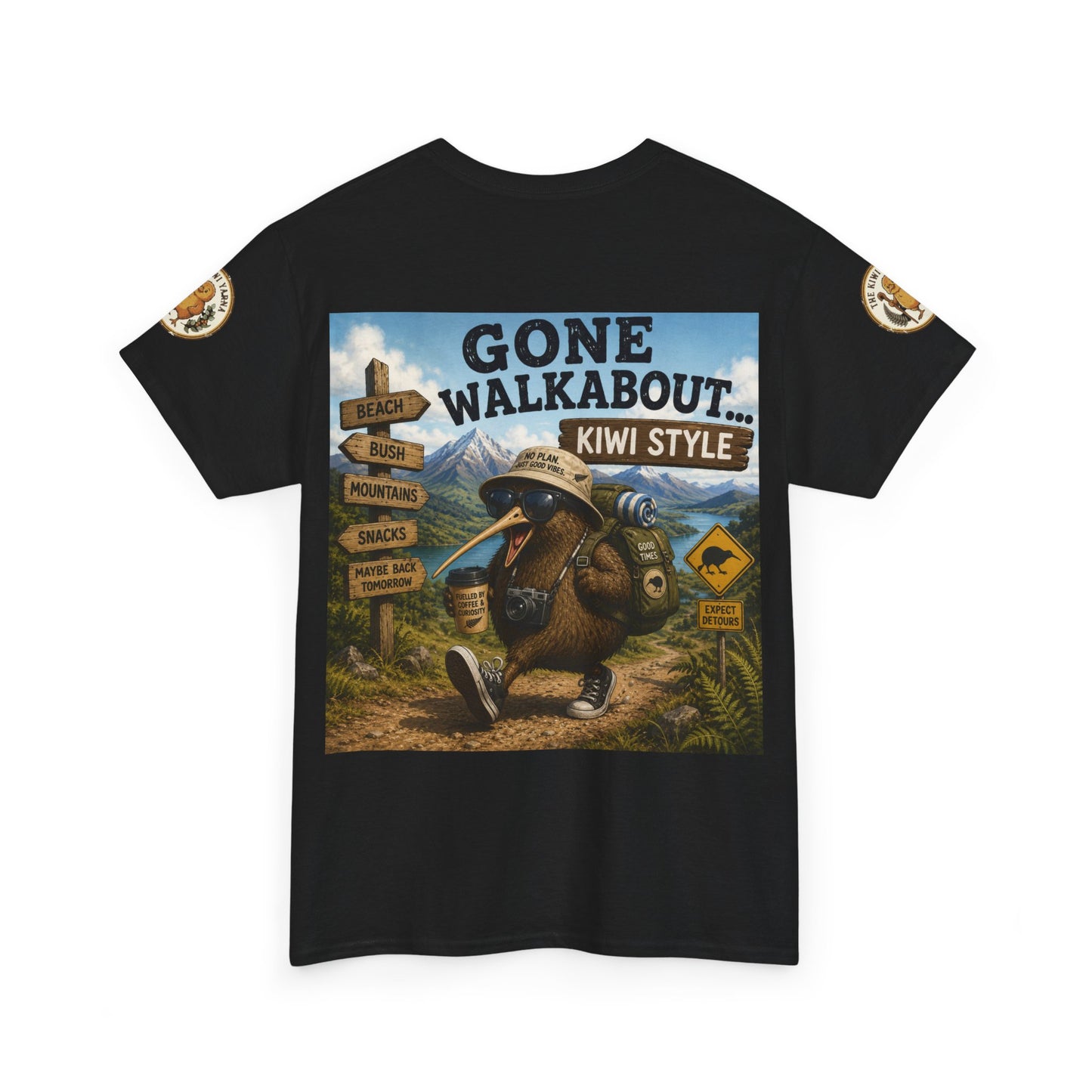 Black graphic T-shirt with large Gone Walkabout Kiwi Style front print and sleeve patches