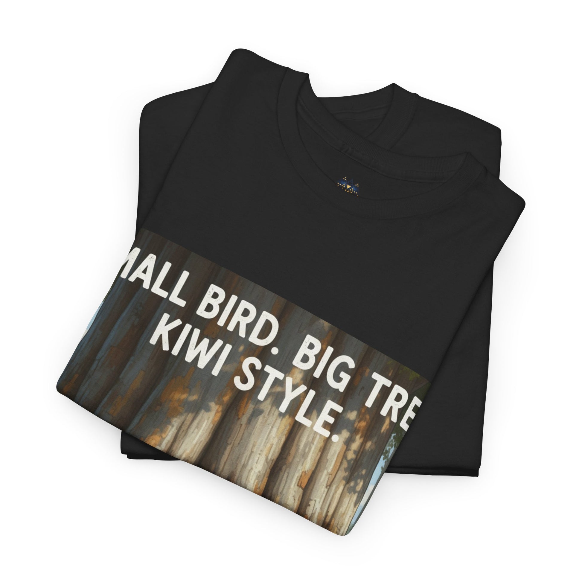 Black T-shirt with overlapping design showing partial front forest graphic text