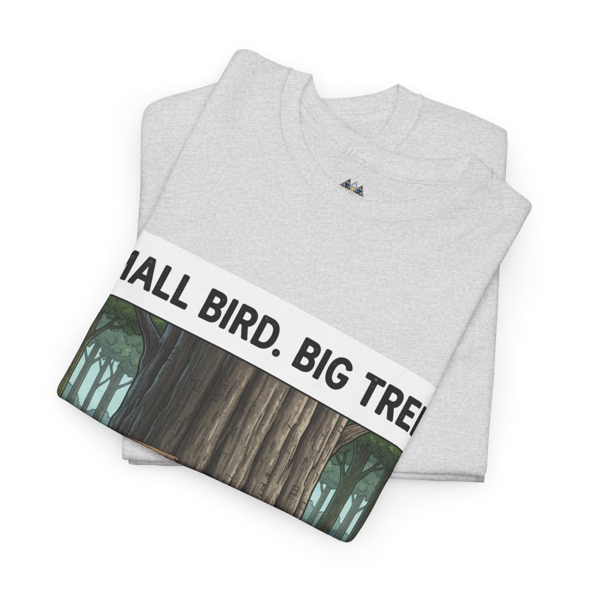 Heather gray T-shirt with slanted forest graphic and bold headline lettering