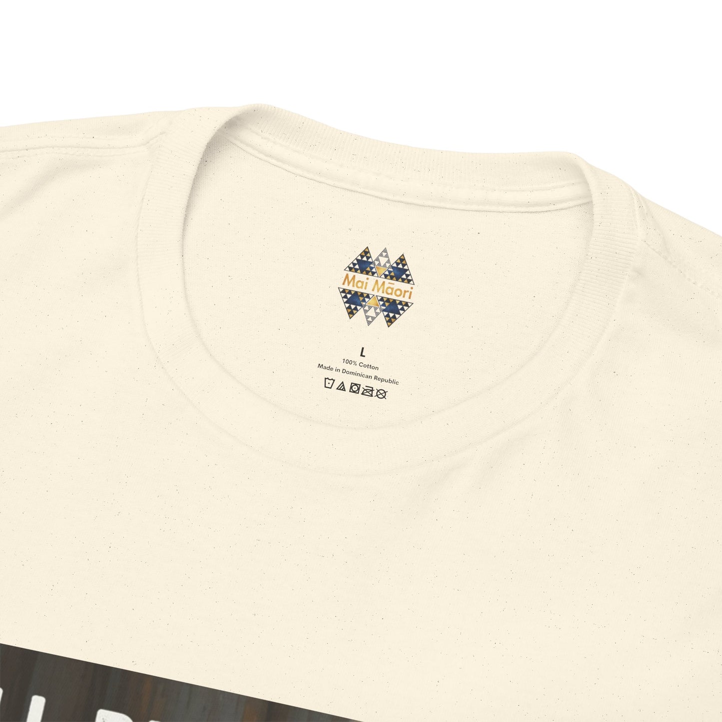 Cream crewneck T-shirt neckline with small multicolor logo emblem