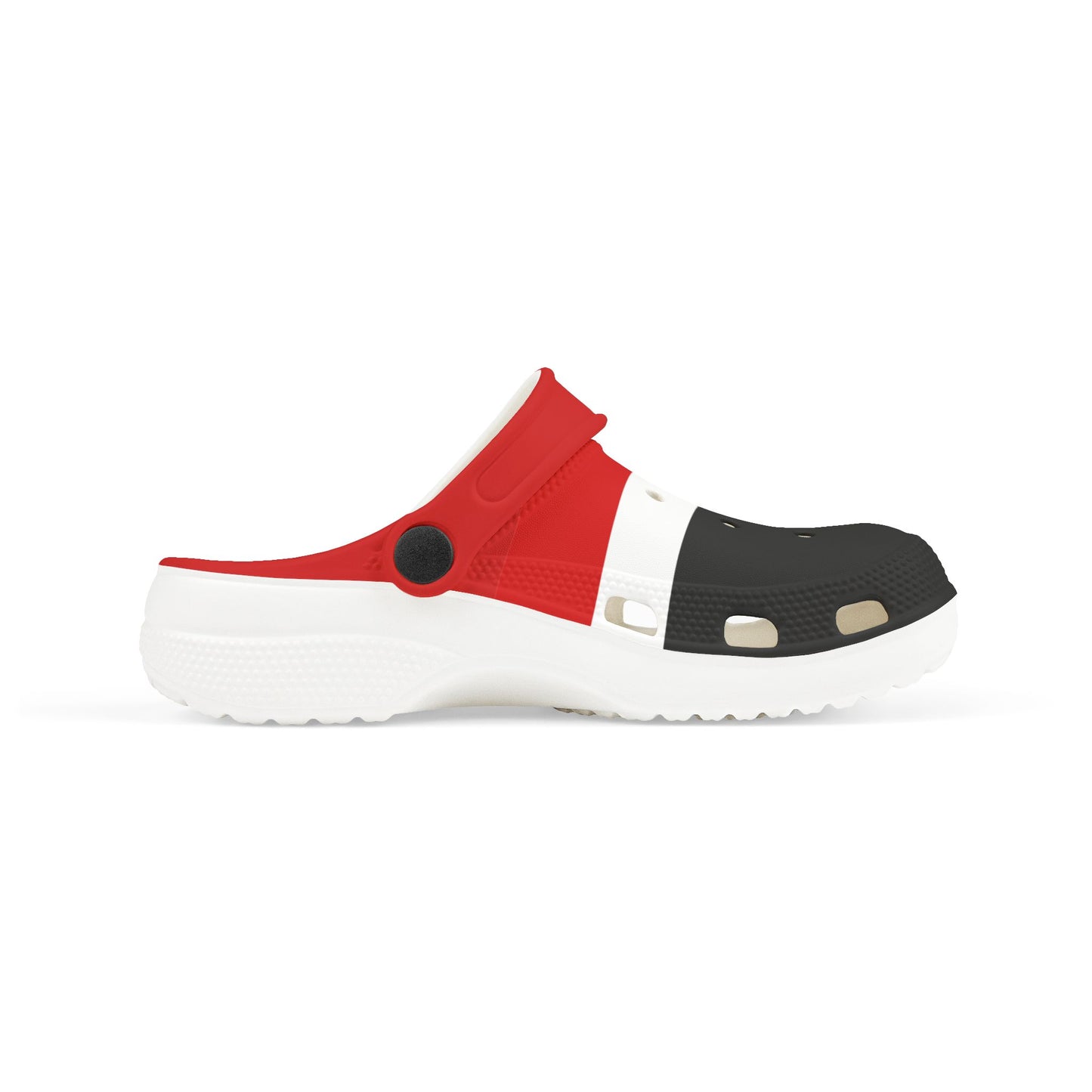 Red, white, and black slip-on clog with strap detail, perforations, and foam sole