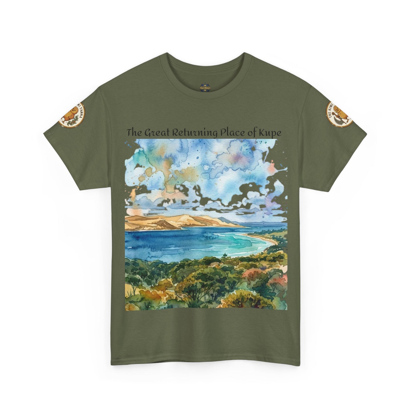 Olive green crewneck T-shirt with landscape print and gold sleeve patches, front view.