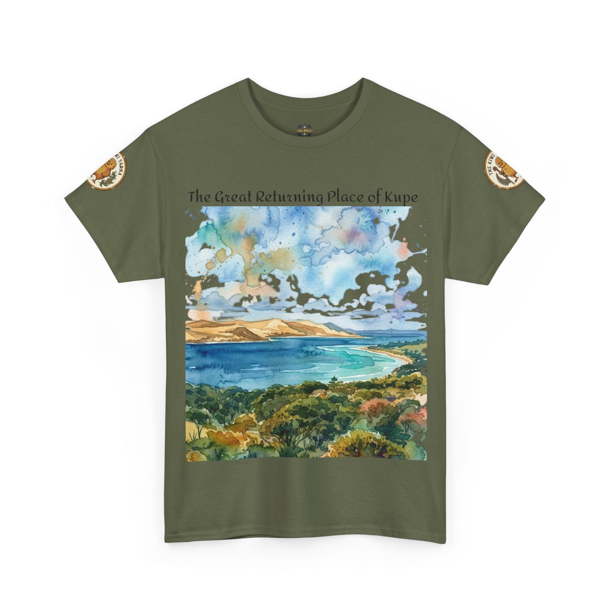 Olive green crewneck T-shirt with landscape print and gold sleeve patches, front view.