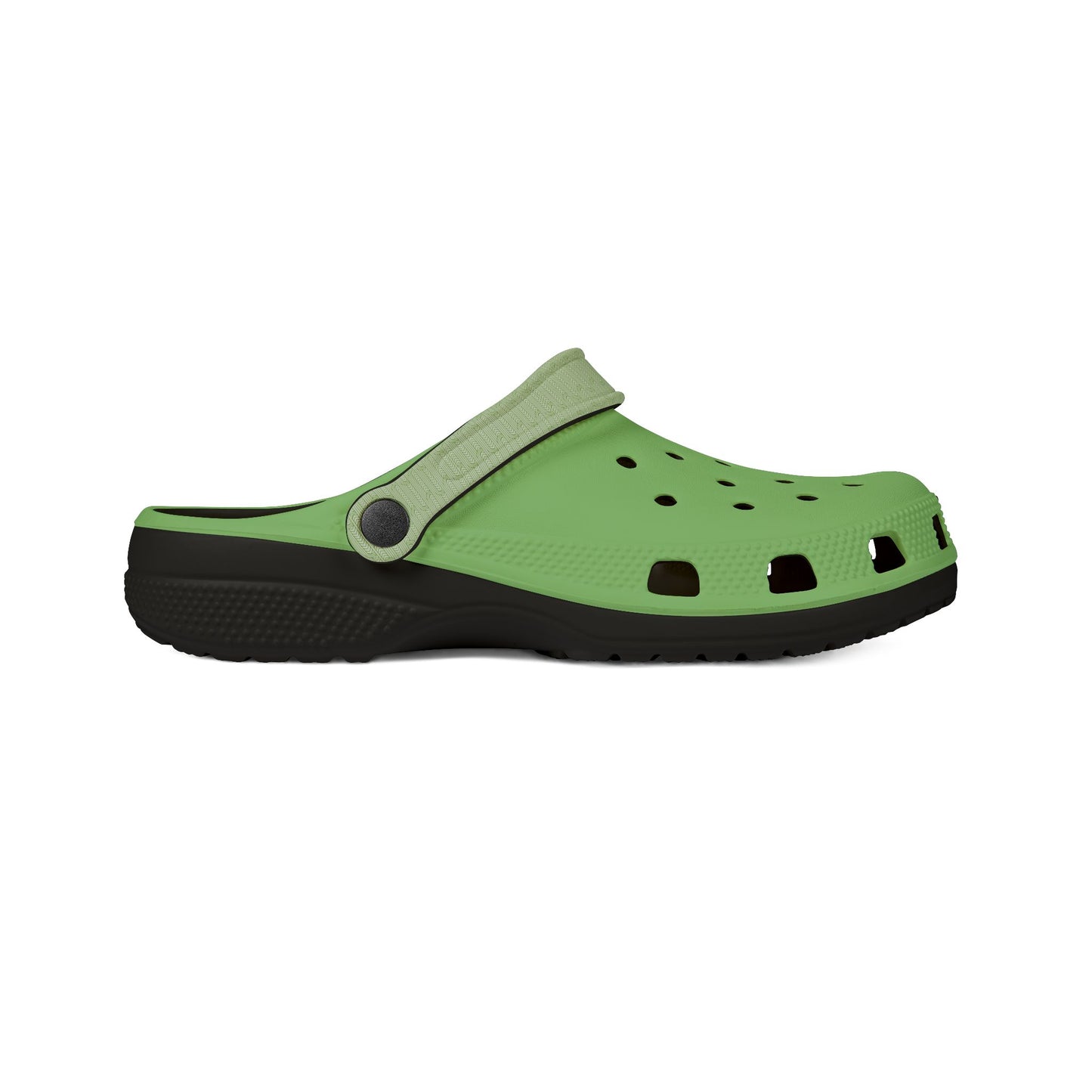 Green clog sandals, curved side profile, perforated upper and black rubber sole