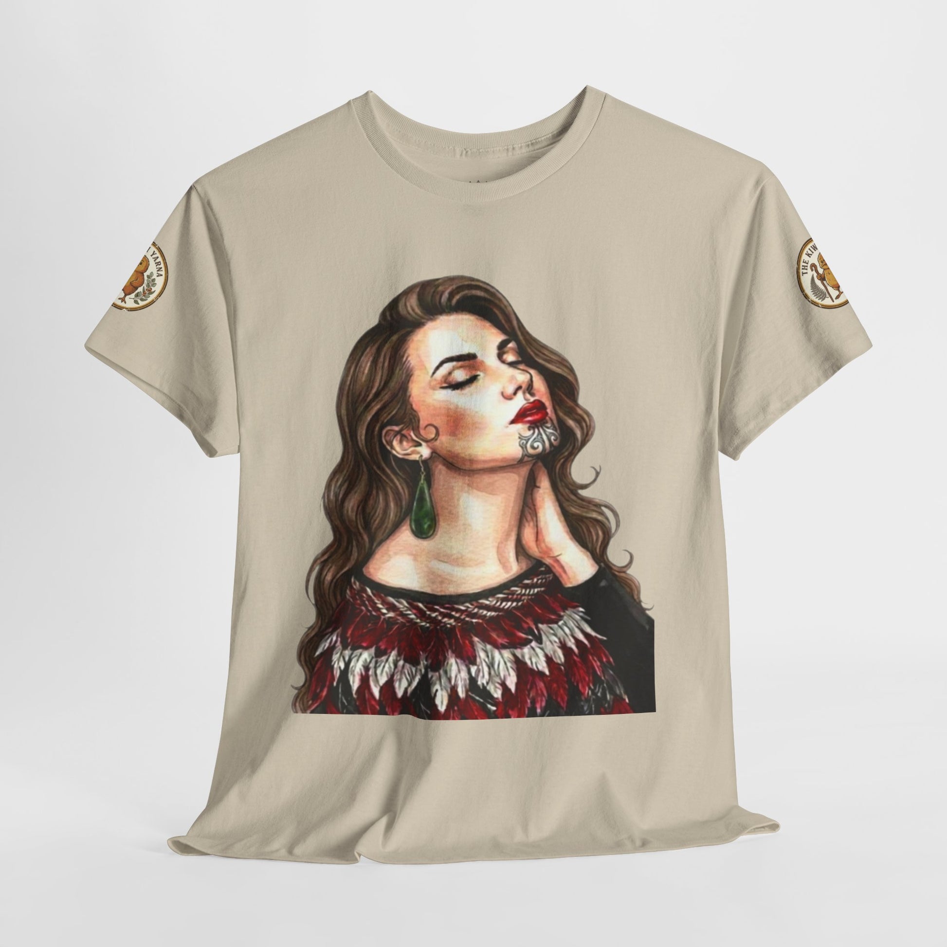 Beige graphic T-shirt front portrait of a woman with red patterned top