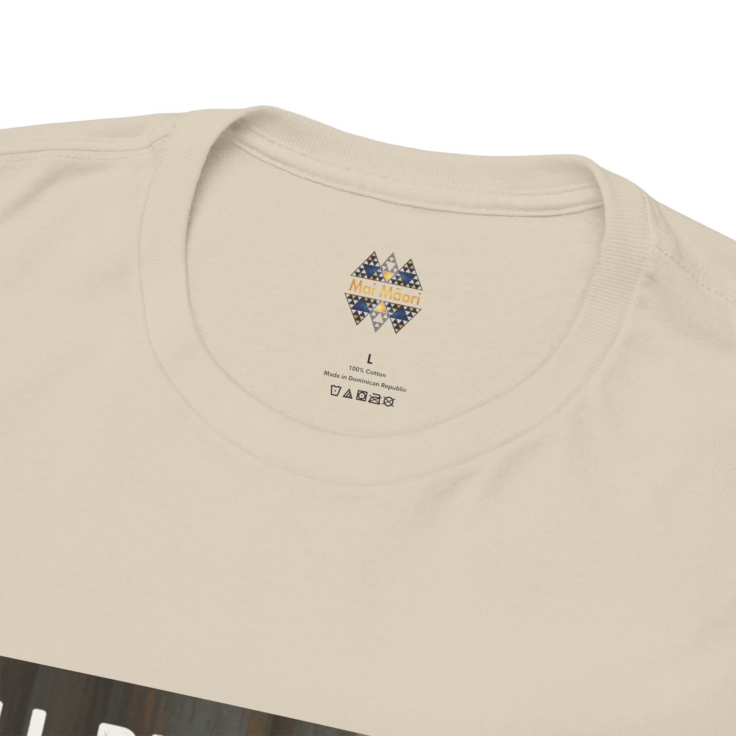 Beige T-shirt neckline with small multicolor logo above center seam