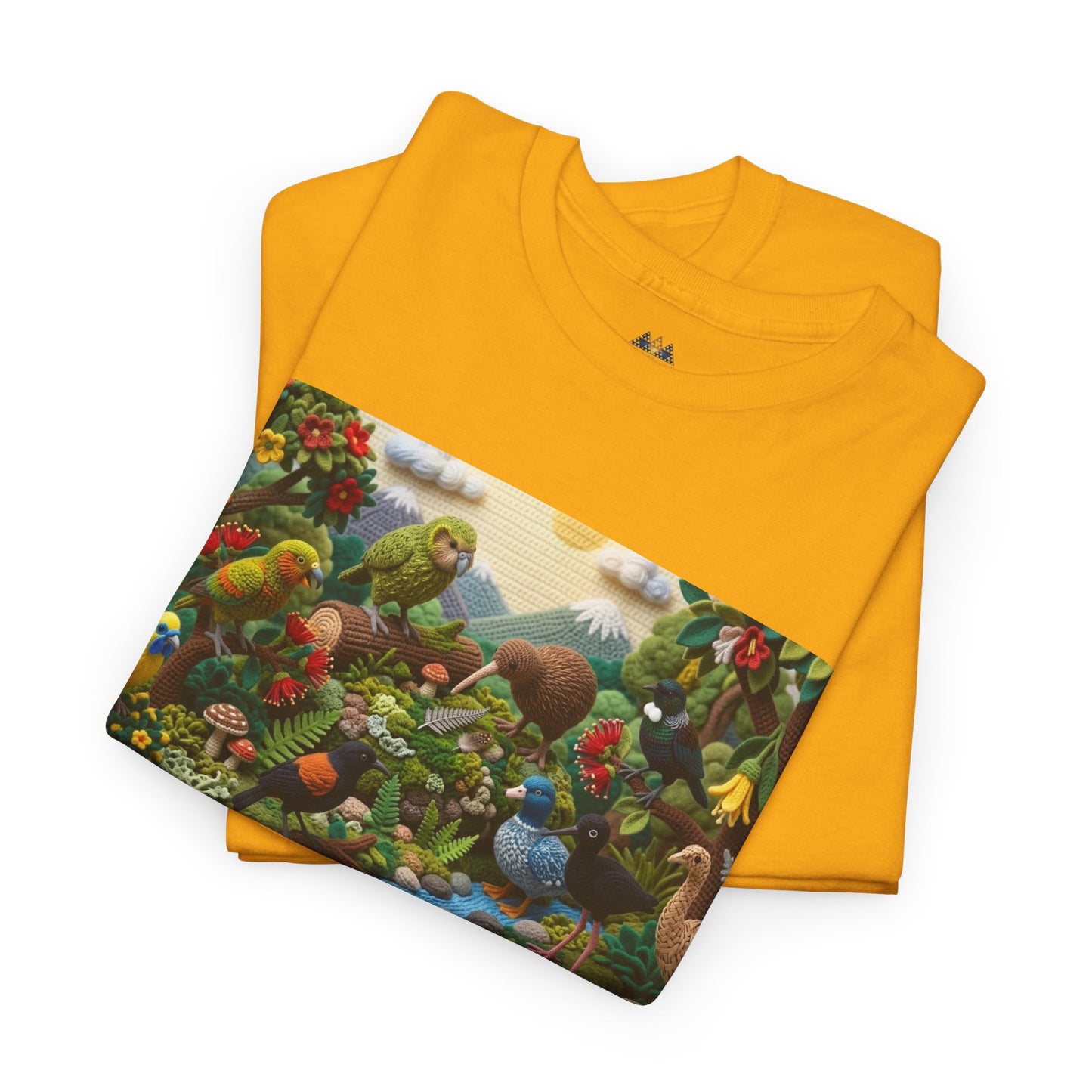 Mustard yellow crew-neck t-shirt with colorful birds and forest scene graphic panel