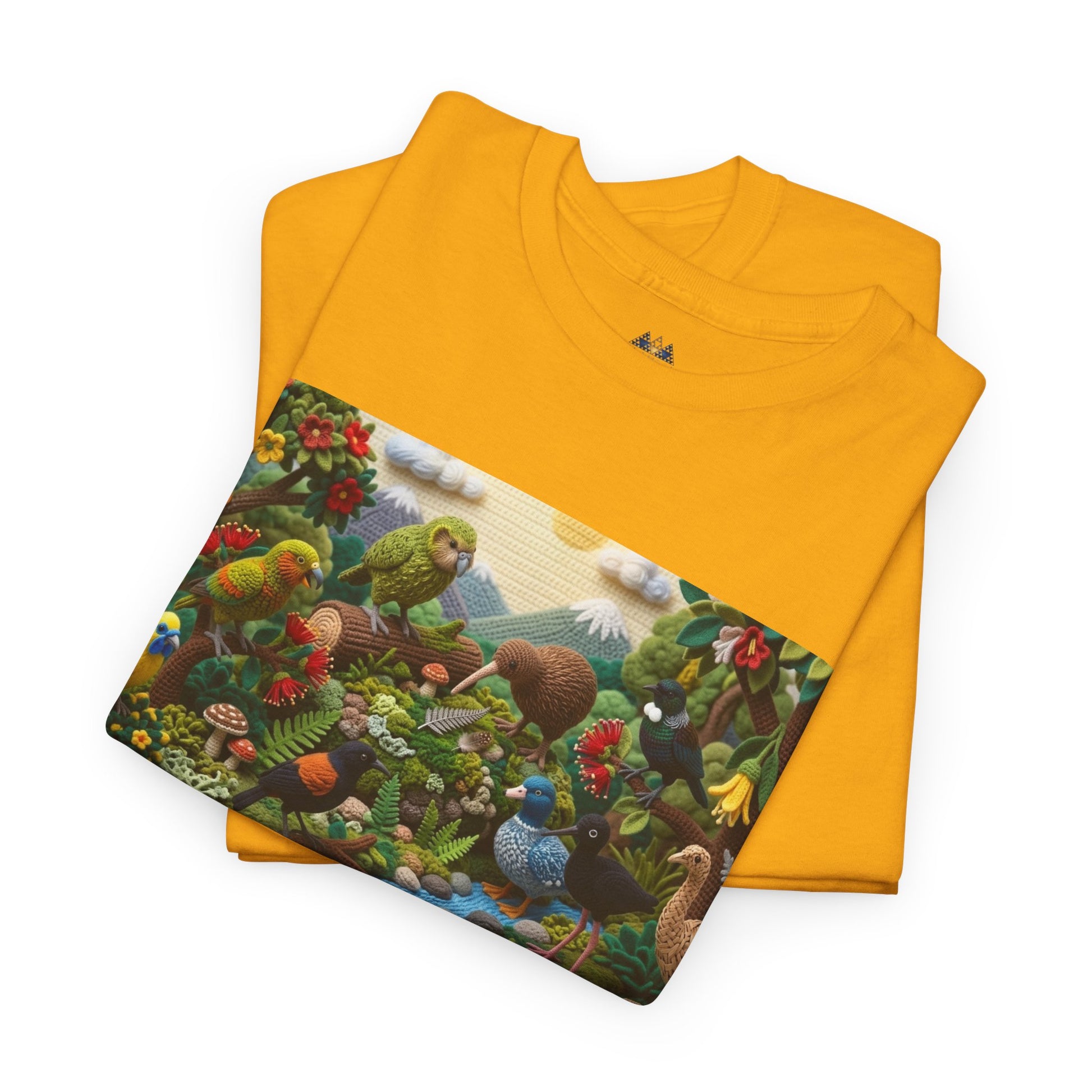 Mustard yellow crew-neck t-shirt with colorful birds and forest scene graphic panel