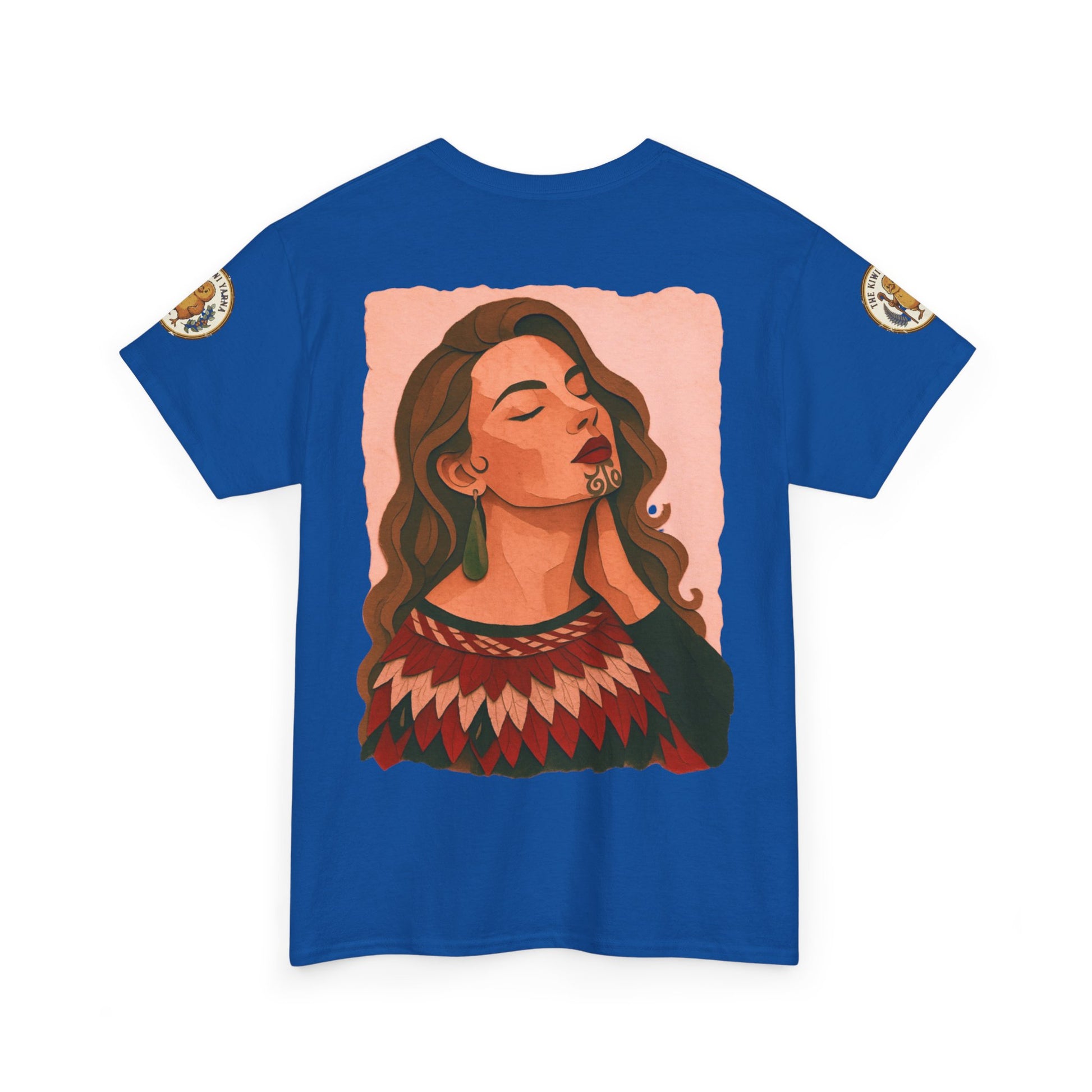 Royal blue graphic T-shirt with portrait print and round logo patches on sleeves.