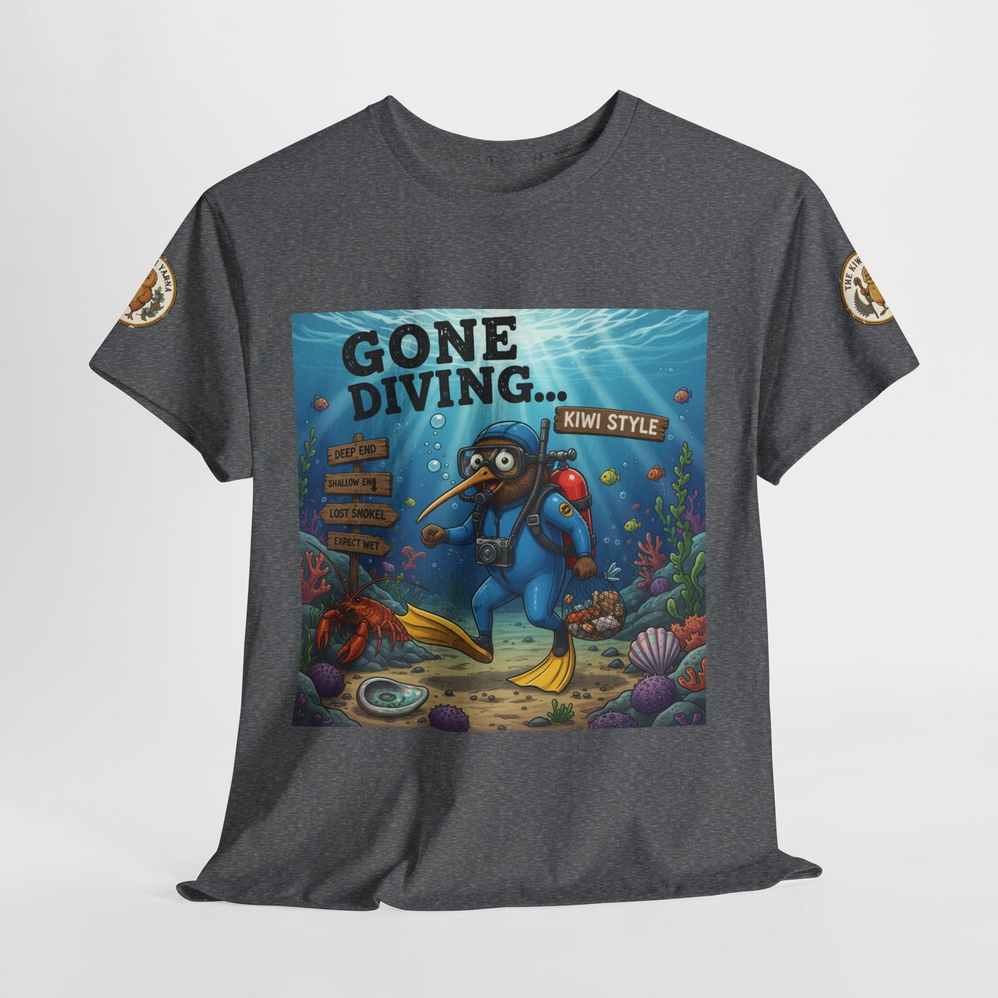 Dark gray T-shirt with ocean diver graphic print and gold logo sleeve patch