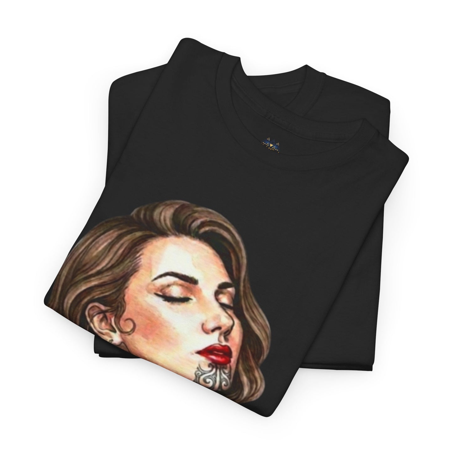 Black graphic T-shirt stacked showing the woman portrait print on the front