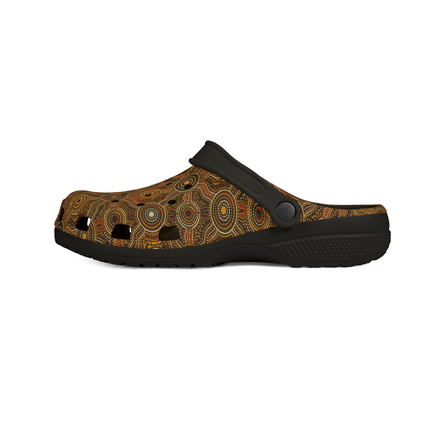 Slip-on clog sandal with brown patterned fabric, black strap and black outsole
