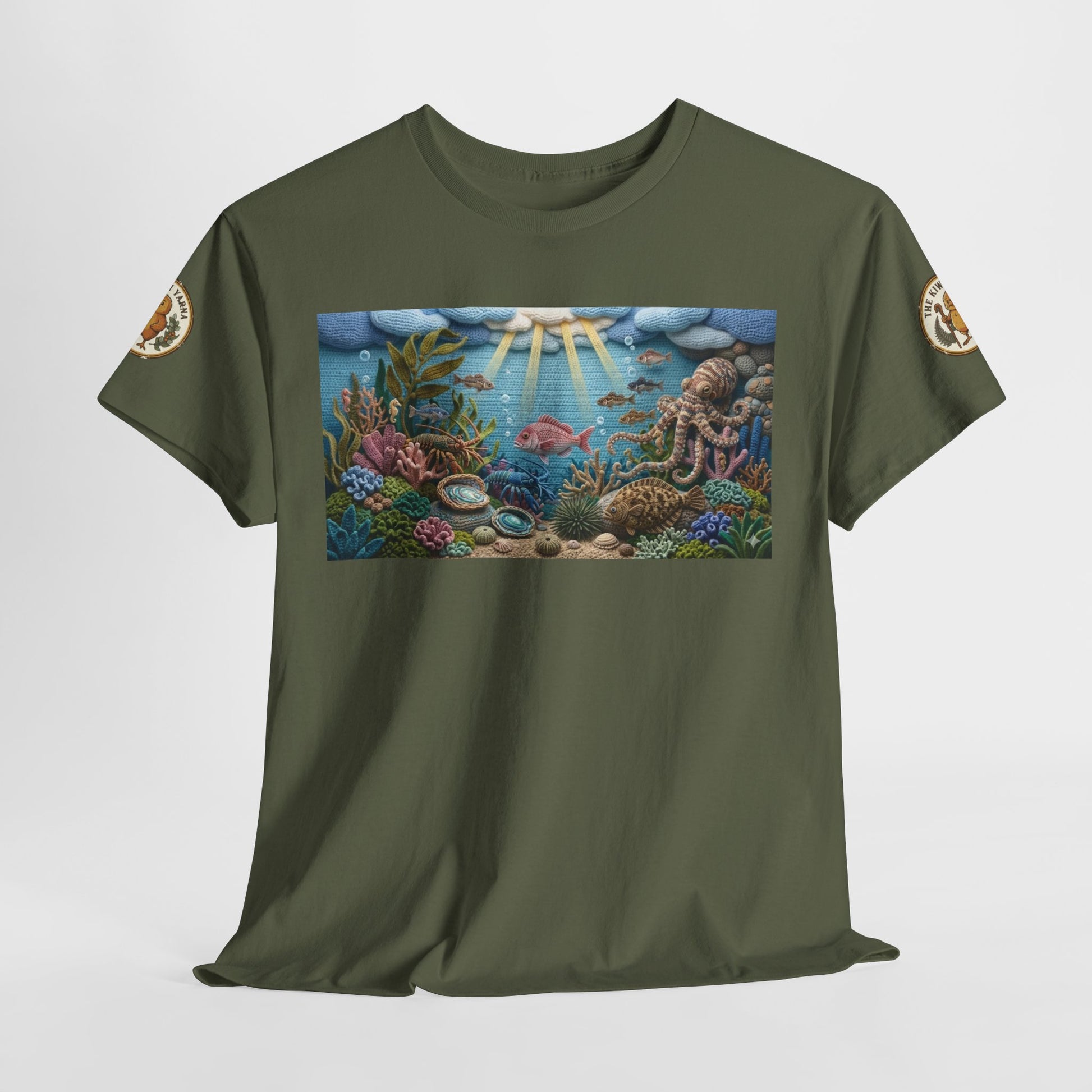 Olive green crew-neck T-shirt with large undersea scene rectangle graphic