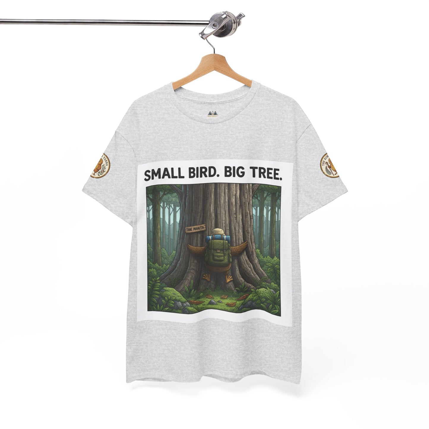 Heather gray T-shirt on hanger with forest graphic and 'Small Bird. Big Tree.' print