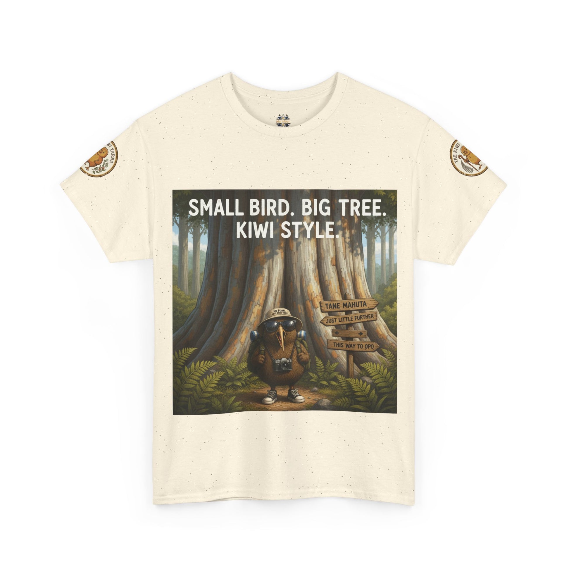 Cream crewneck T-shirt with front graphic of kiwi in forest and logo sleeve patches