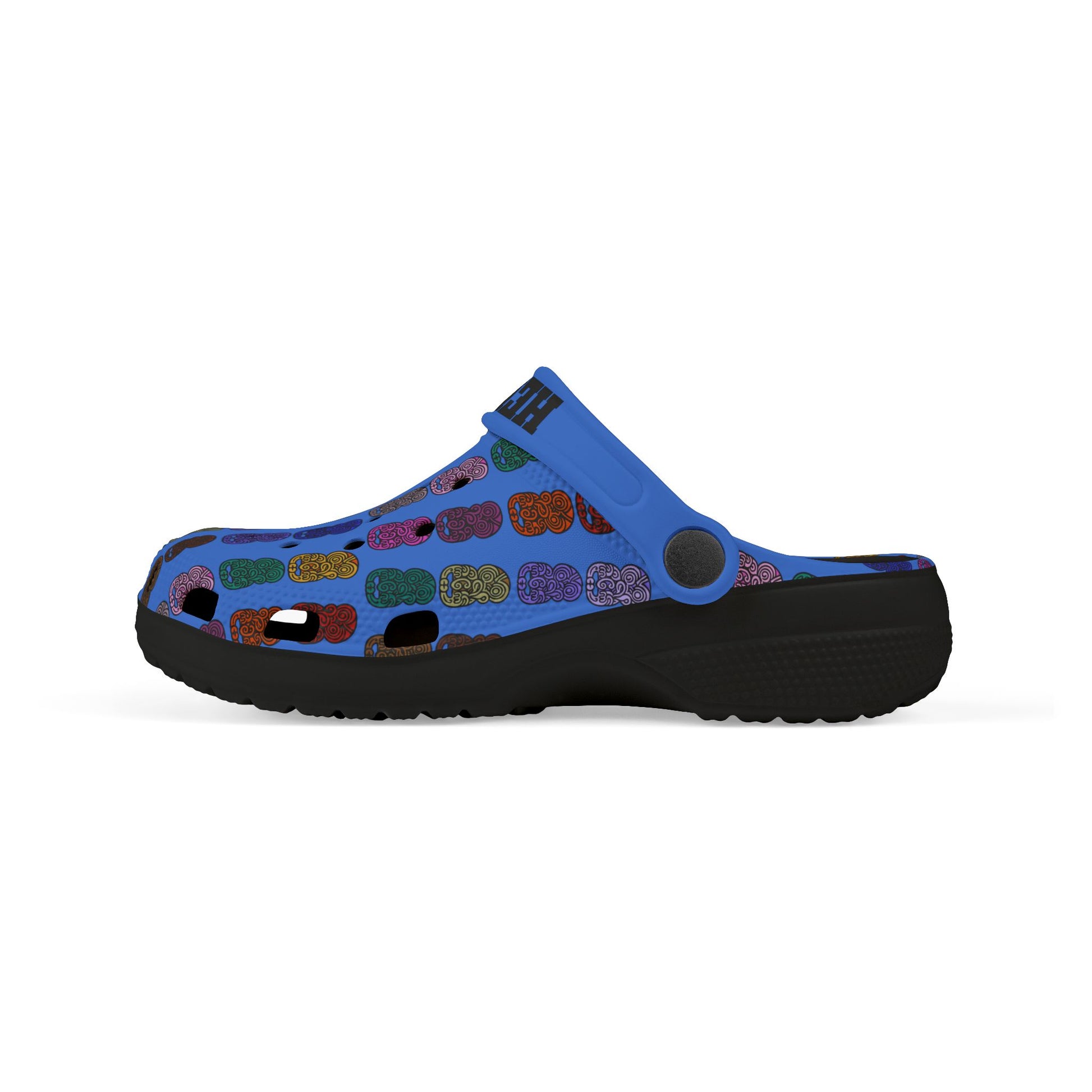 Kids casual clog shoes, profile view: blue patterned upper and black rubber sole