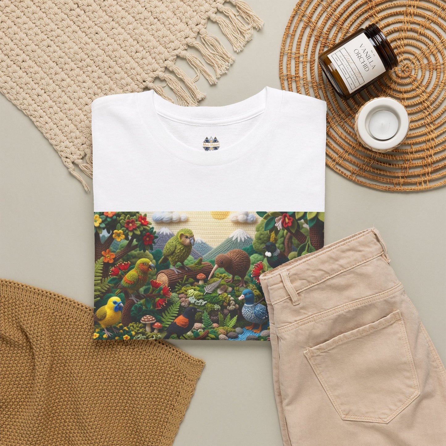 White graphic T-shirt with small chest emblem and wide nature birds panel