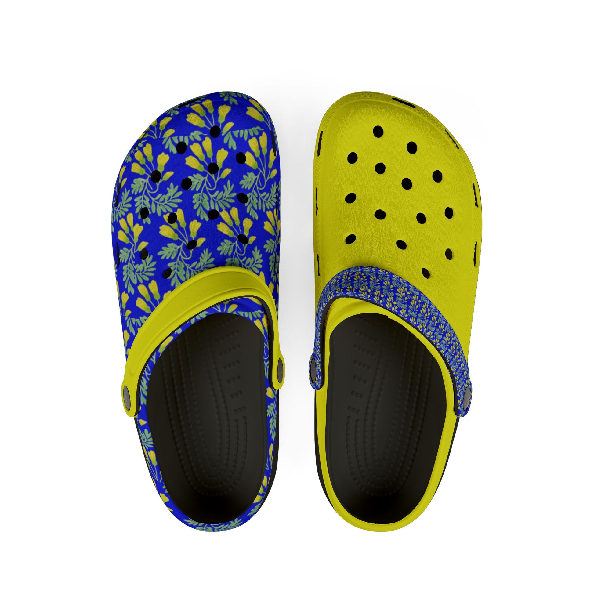 Kōwhai clogs, blue floral and lime yellow with dot holes, dark interior lining