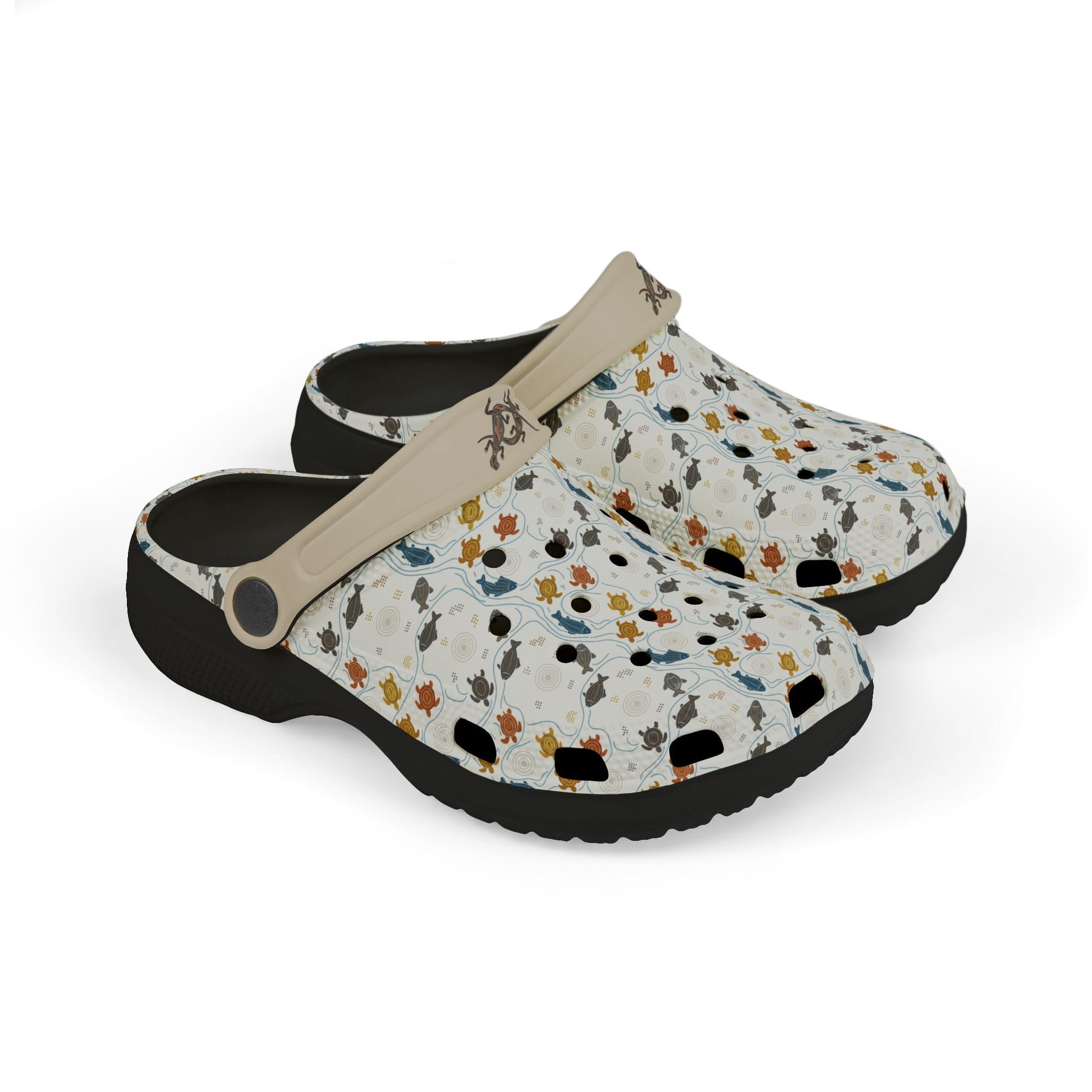 Black-outsole clog shoes with colorful animal pattern upper and beige heel strap