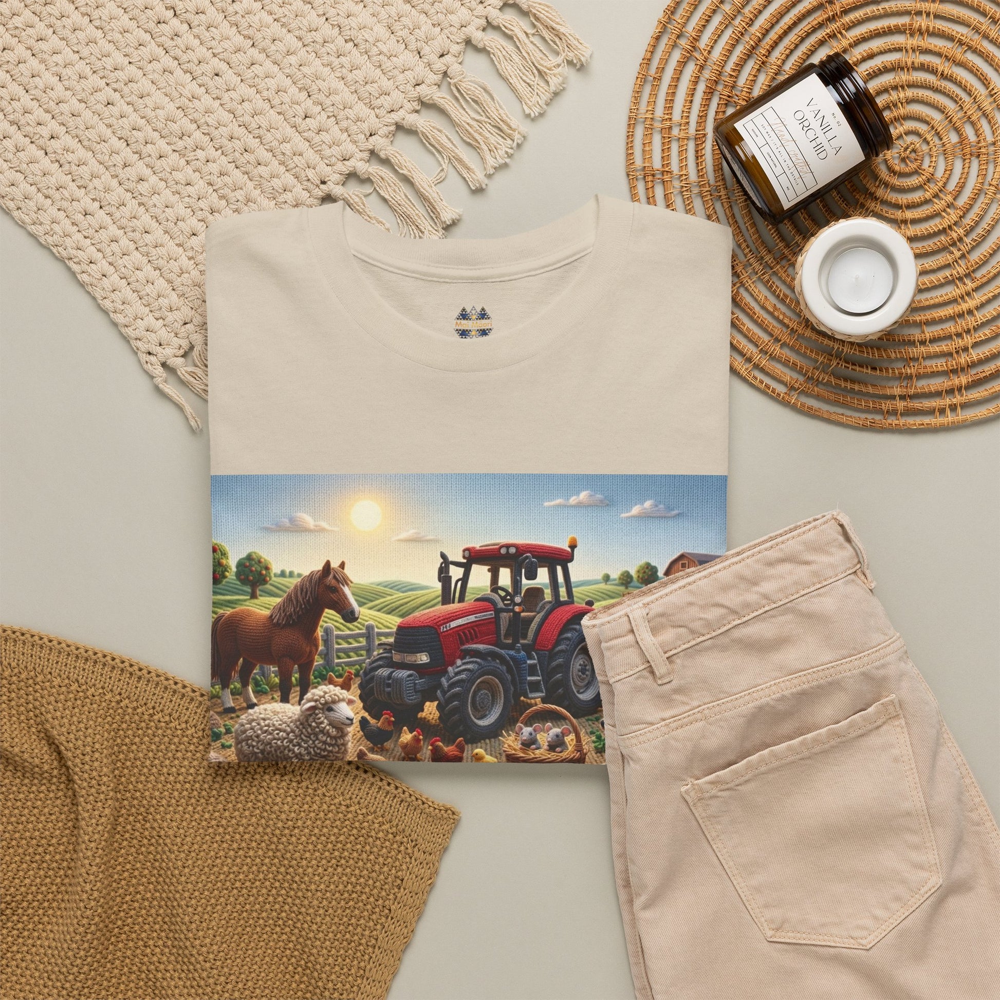 Natural beige T-shirt with farm scene graphic and small chest emblem