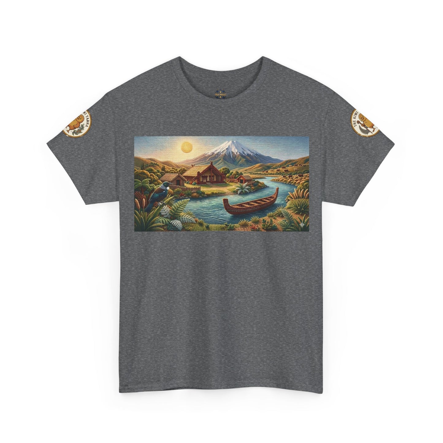 Sport heather gray graphic T-shirt with landscape print and canoe; circular sleeve patches.