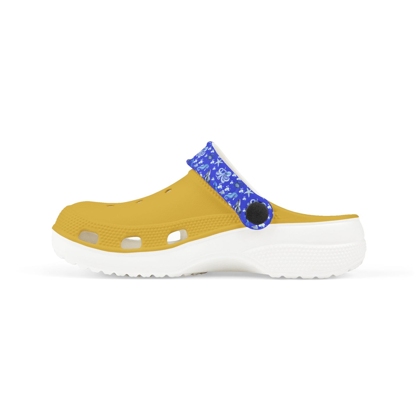 Kids' slip-on clog shoes: yellow upper with blue sea-print strap and white outsole.