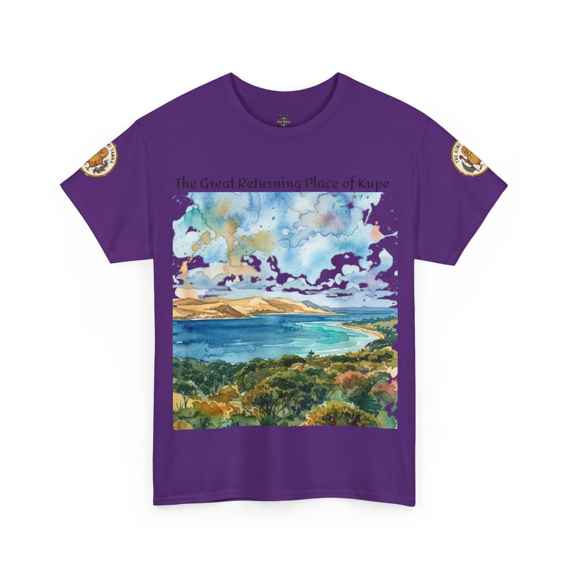 Purple graphic crewneck T-shirt with watercolor landscape print and circular sleeve logo