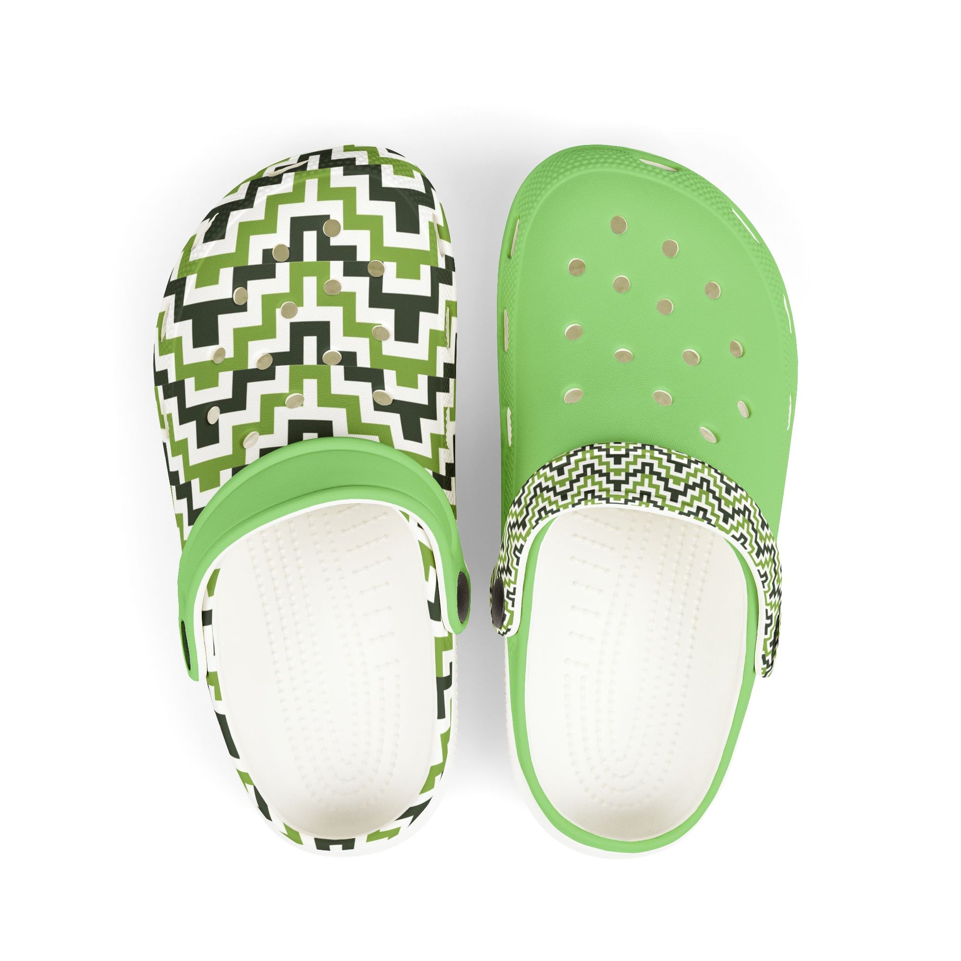 Arawhata zigzag slide clog sandals, white and green with perforated footbed