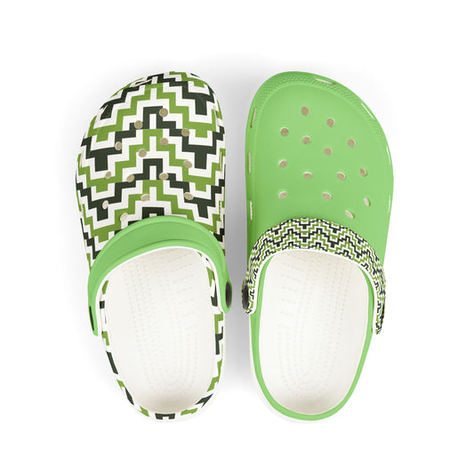 Arawhata zigzag slide clog sandals, white and green with perforated footbed