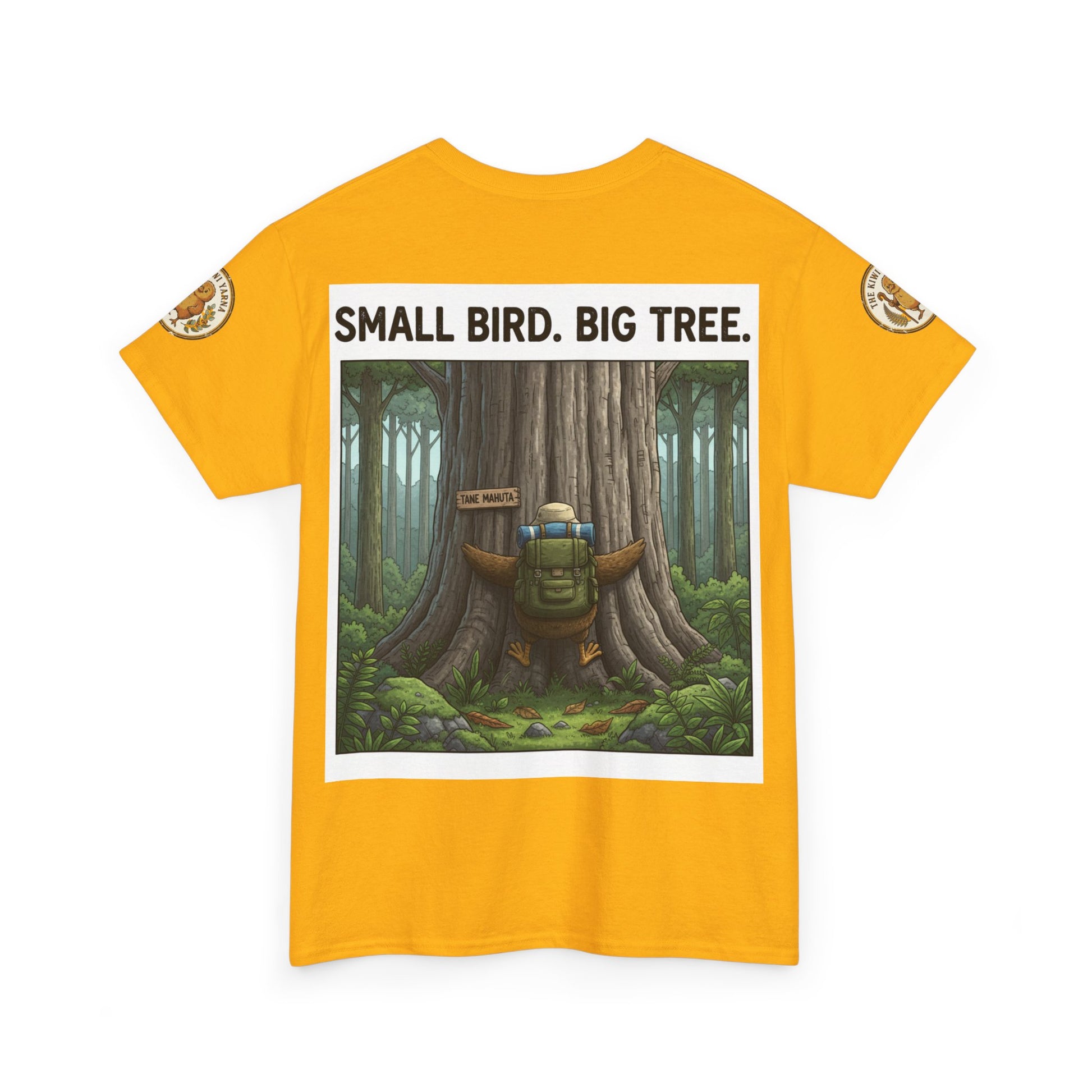 Mustard yellow graphic T-shirt with forest bird/tree front print, crew neck
