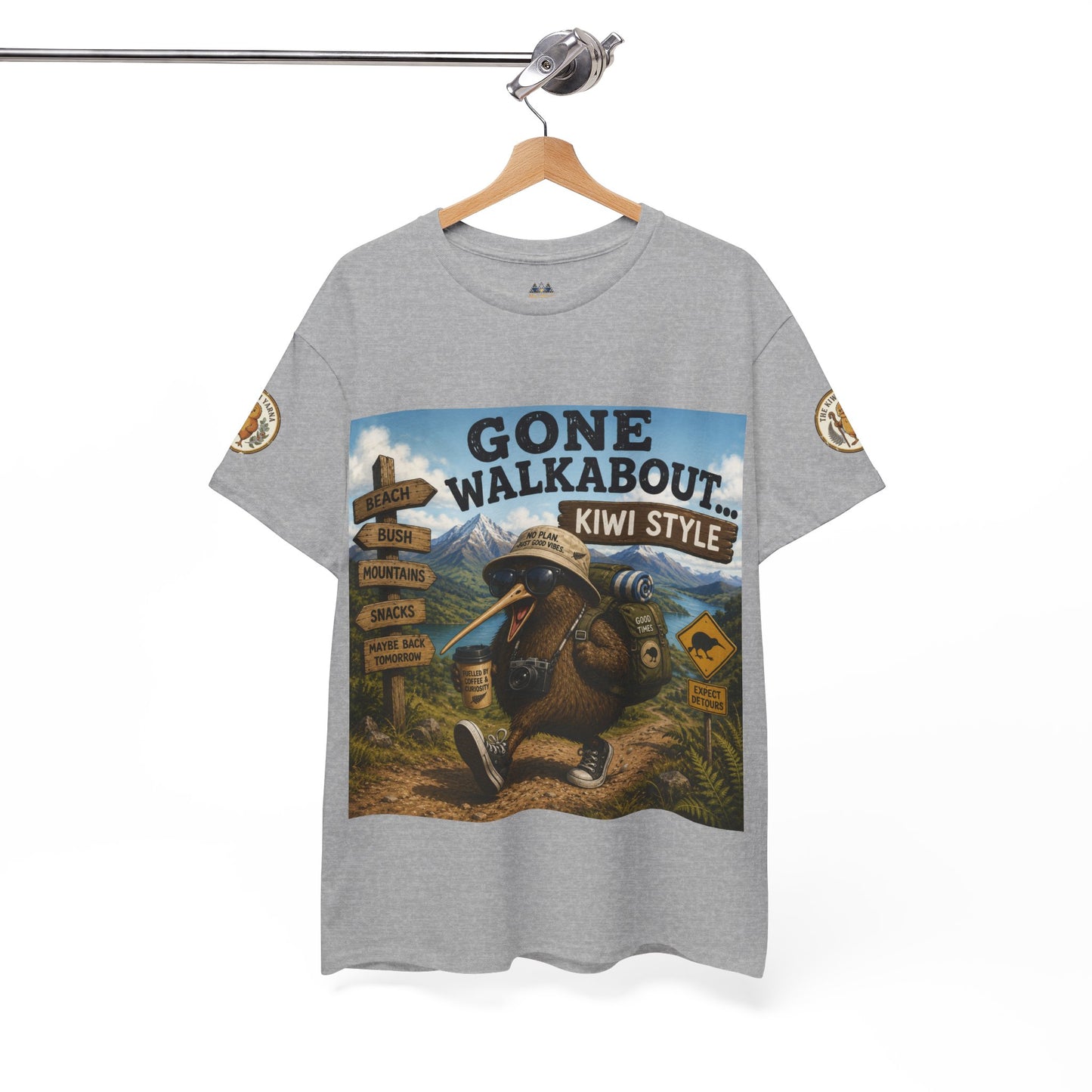 Grey T-shirt on hanger with 'Gone Walkabout Kiwi Style' front graphic
