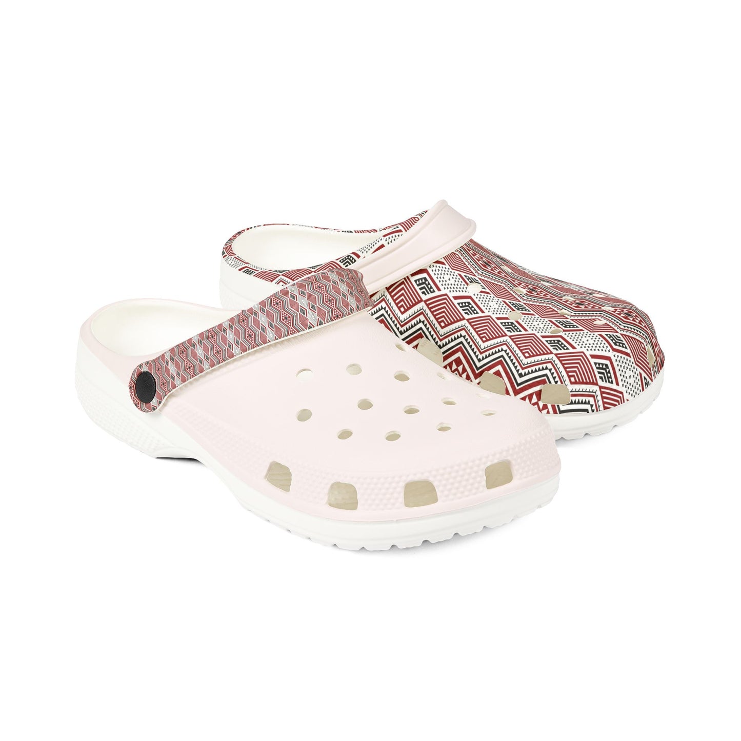 Tāniko slip-on clogs with red geometric print across top and side vent holes