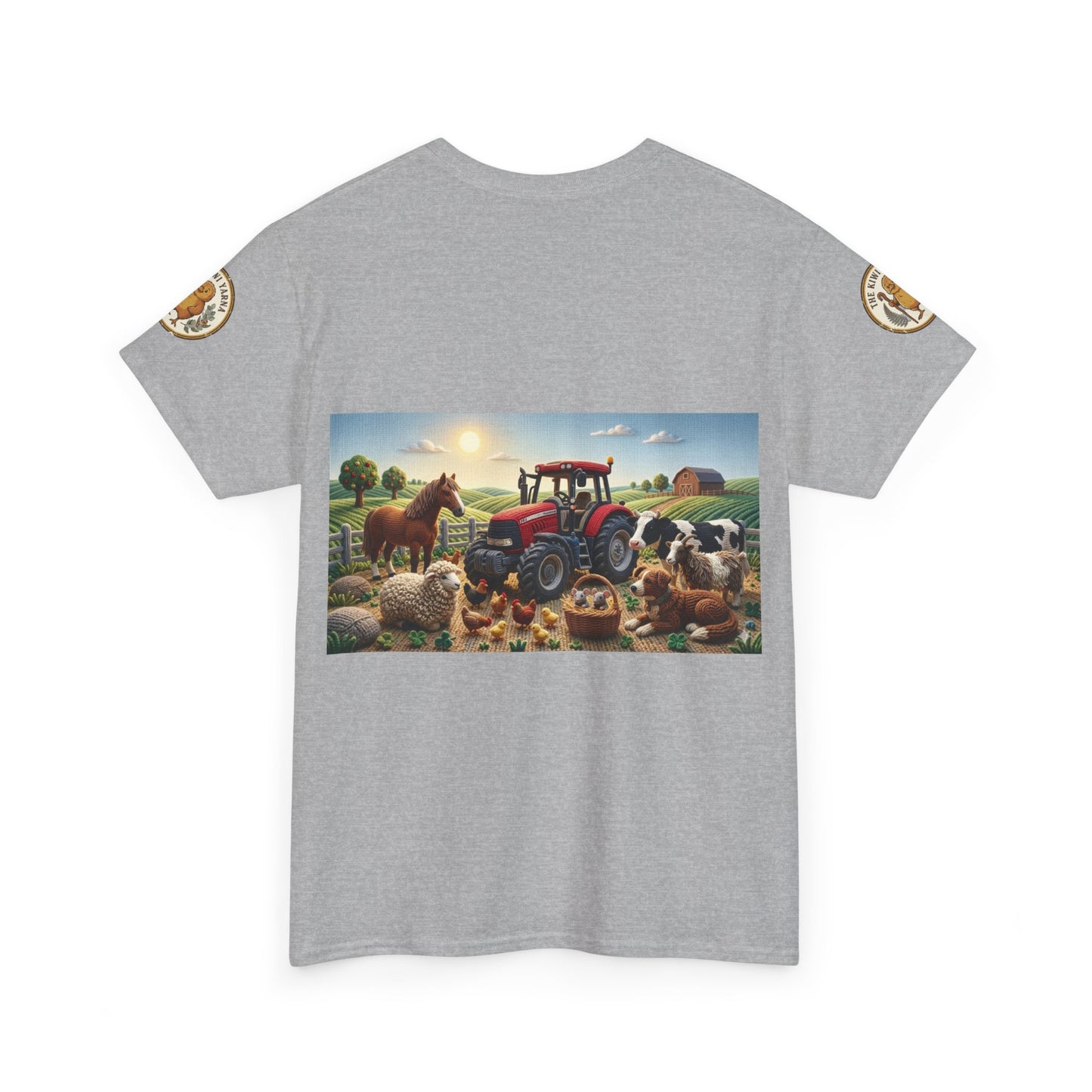 Gray heather T-shirt with front farm scene graphic and circular sleeve patches